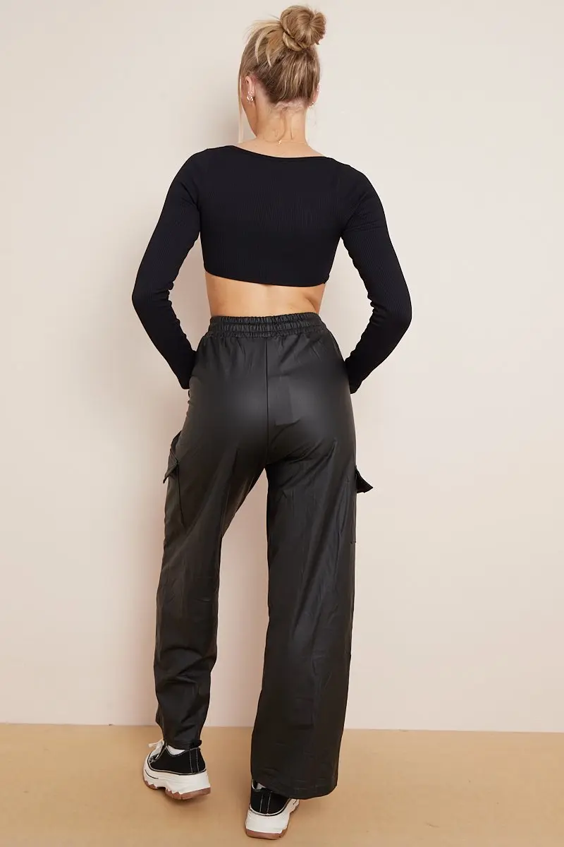 KATCH ME Minimalist Drawstring Waist Wide Leg PU Cargo Pants - Image 8