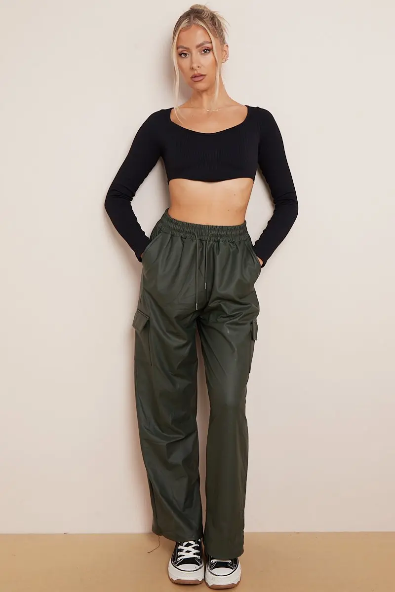 KATCH ME Minimalist Drawstring Waist Wide Leg PU Cargo Pants - Image 9
