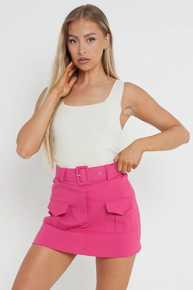 KATCH ME Minimalist High Waist Flap Pocket Belt Decor Skort - Image 5