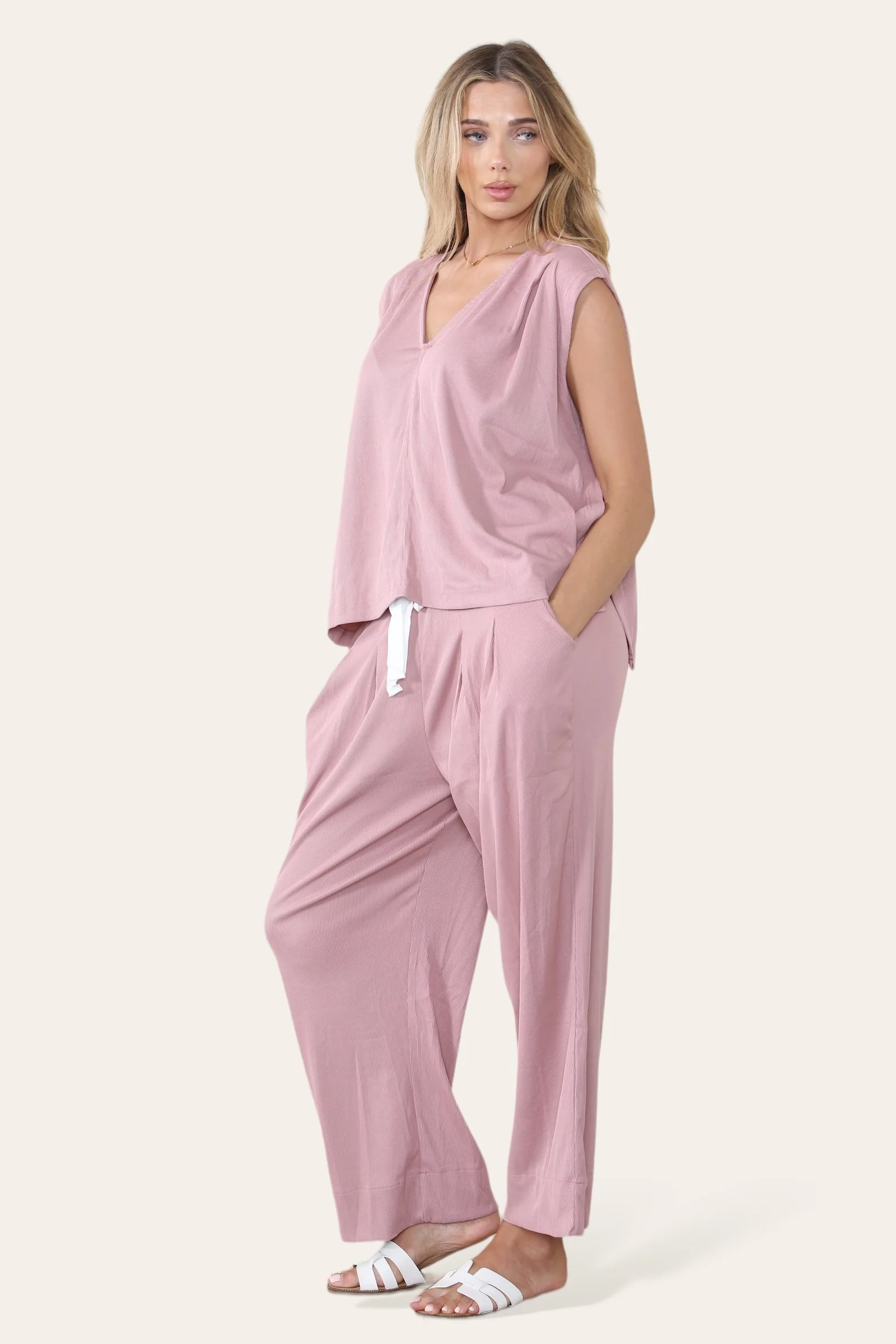 KATCH ME Minimalist V Neck Sleeveless Top Drawstring Trousers Co-ord Set - Image 3