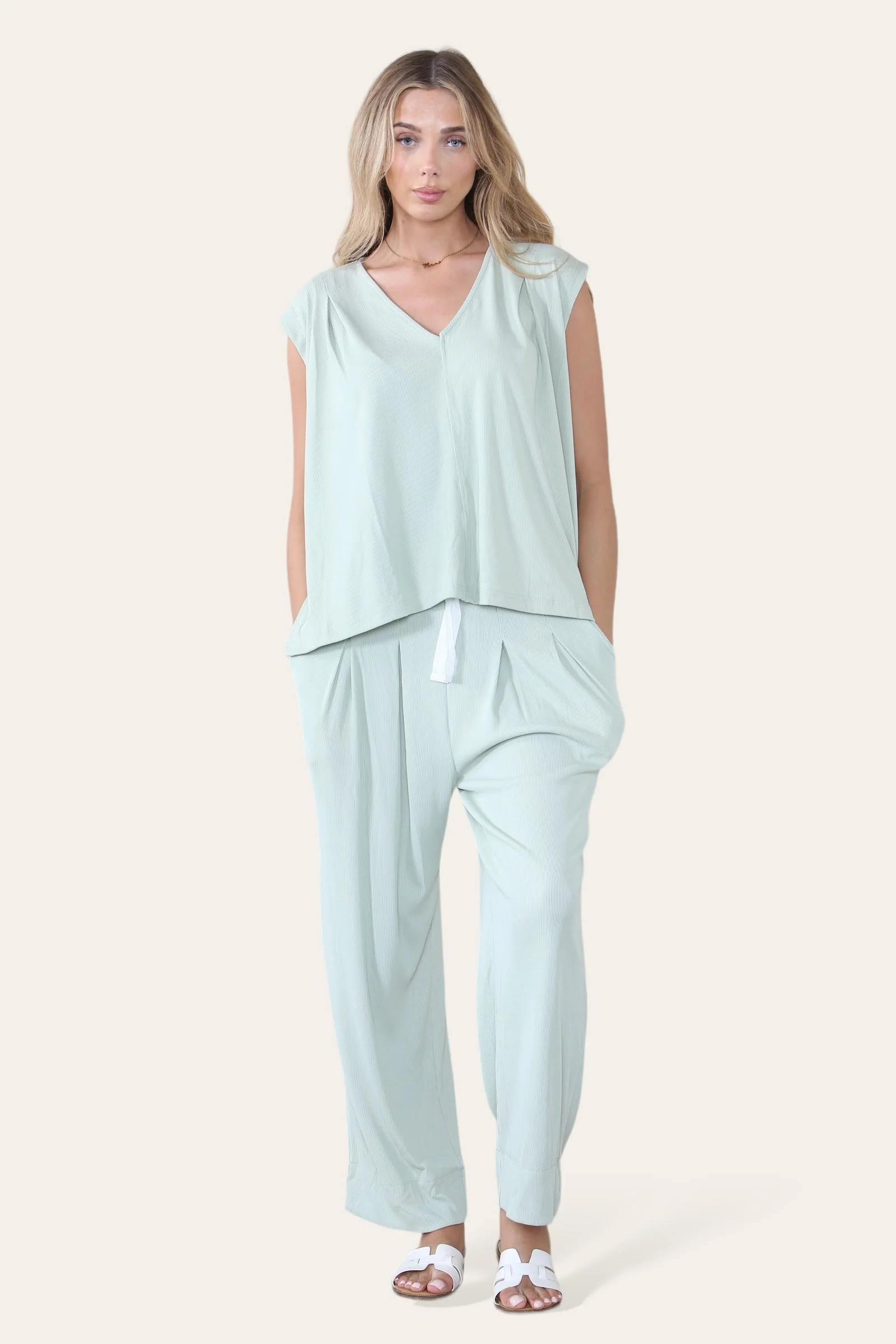 KATCH ME Minimalist V Neck Sleeveless Top Drawstring Trousers Co-ord Set - Image 5