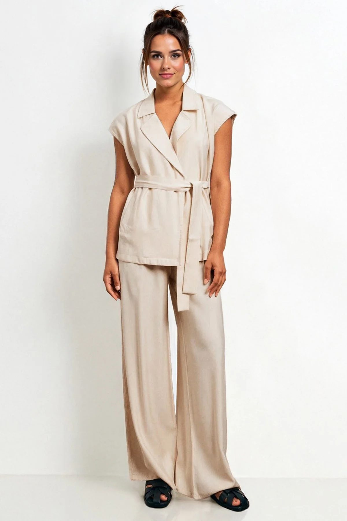 KATCH ME Notch Lapel Cap Sleeve Waist Tie Blazer & Wide Leg Trousers Co-ord Set - Image 4