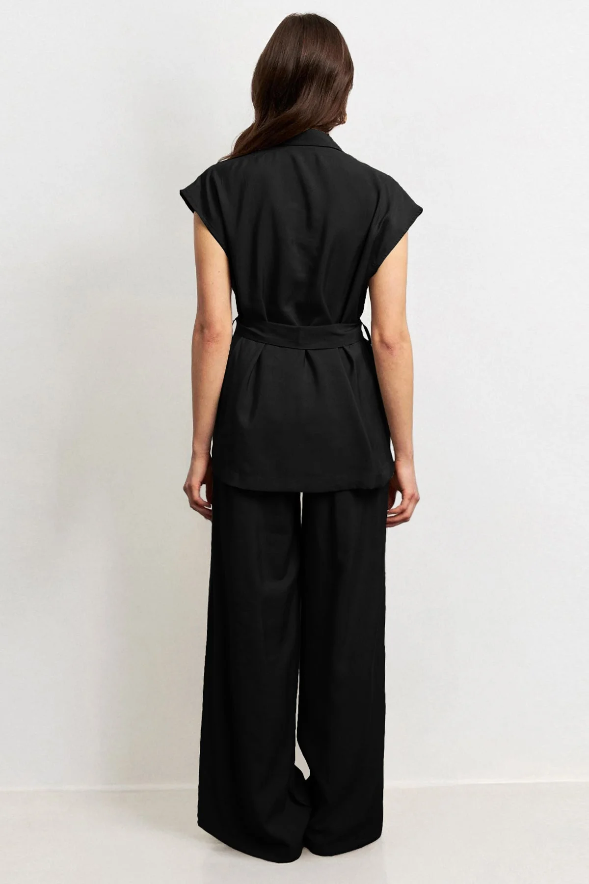 KATCH ME Notch Lapel Cap Sleeve Waist Tie Blazer & Wide Leg Trousers Co-ord Set - Image 7
