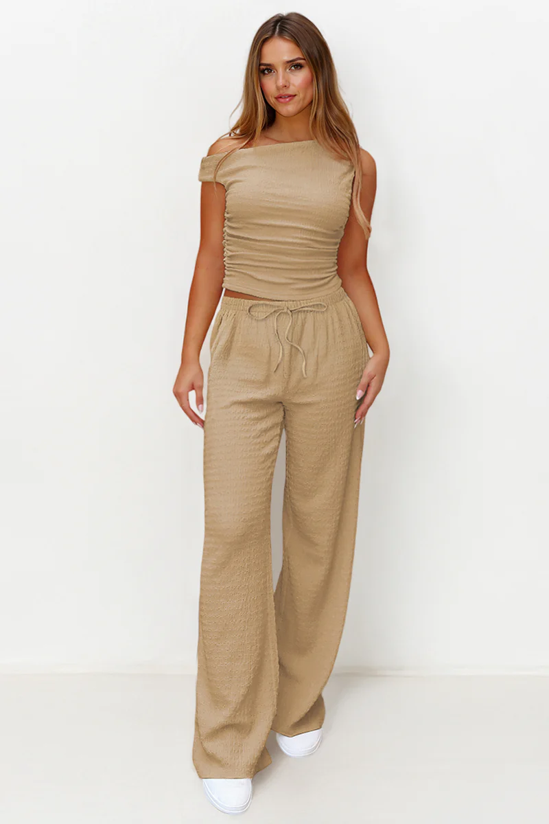 KATCH ME Solid Sloping Shoulder Shirred Slim Co-ord Set