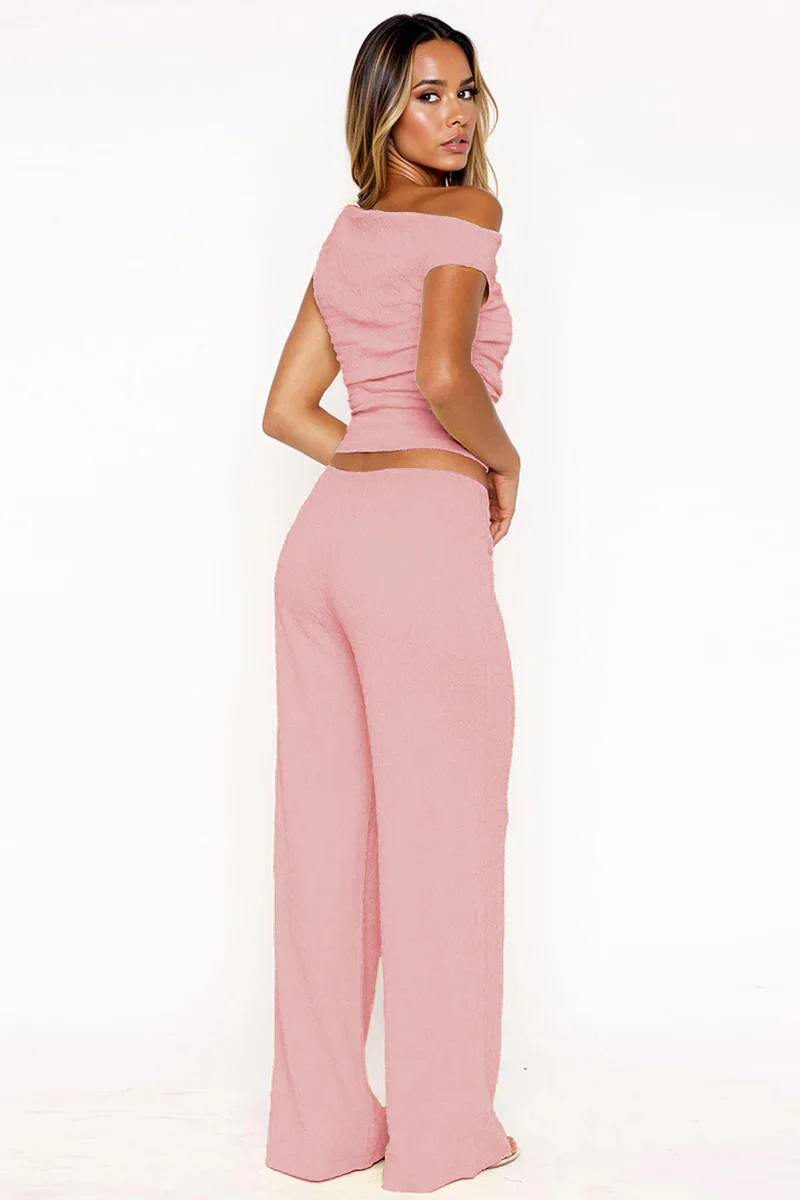 KATCH ME Solid Sloping Shoulder Shirred Slim Co-ord Set - Image 10