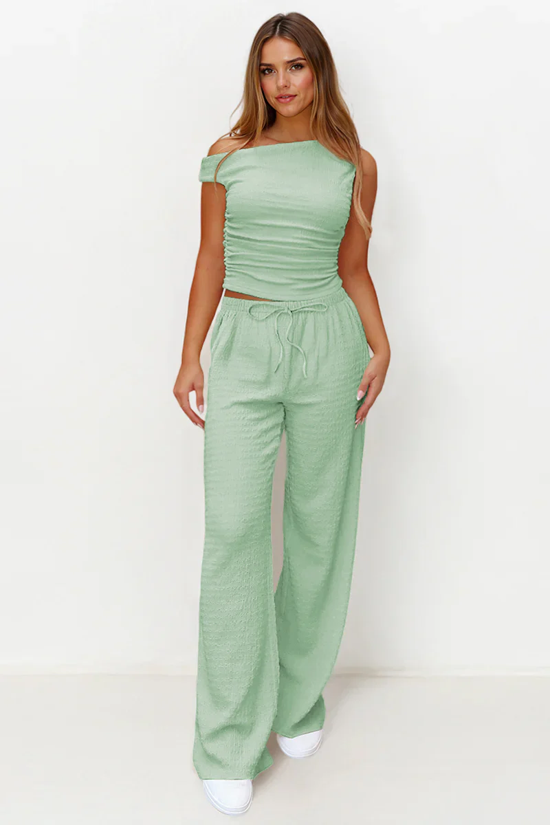 KATCH ME Solid Sloping Shoulder Shirred Slim Co-ord Set - Image 11