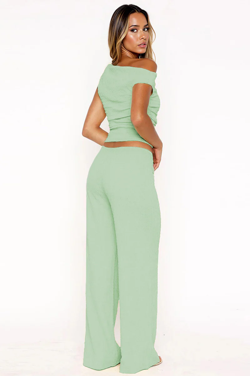 KATCH ME Solid Sloping Shoulder Shirred Slim Co-ord Set - Image 12
