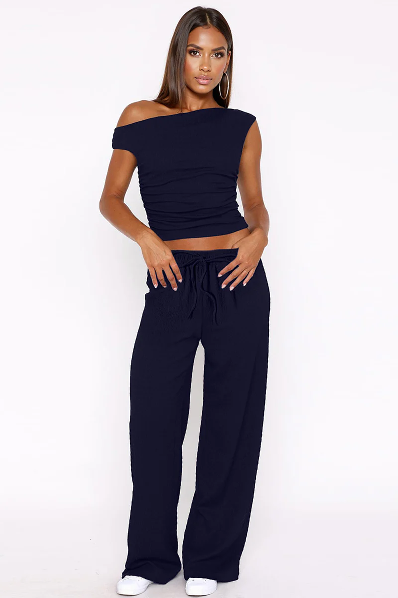 KATCH ME Solid Sloping Shoulder Shirred Slim Co-ord Set - Image 18