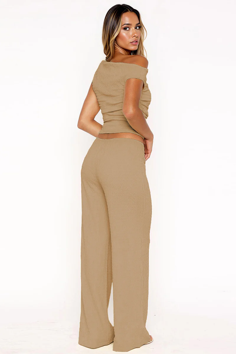 KATCH ME Solid Sloping Shoulder Shirred Slim Co-ord Set - Image 2