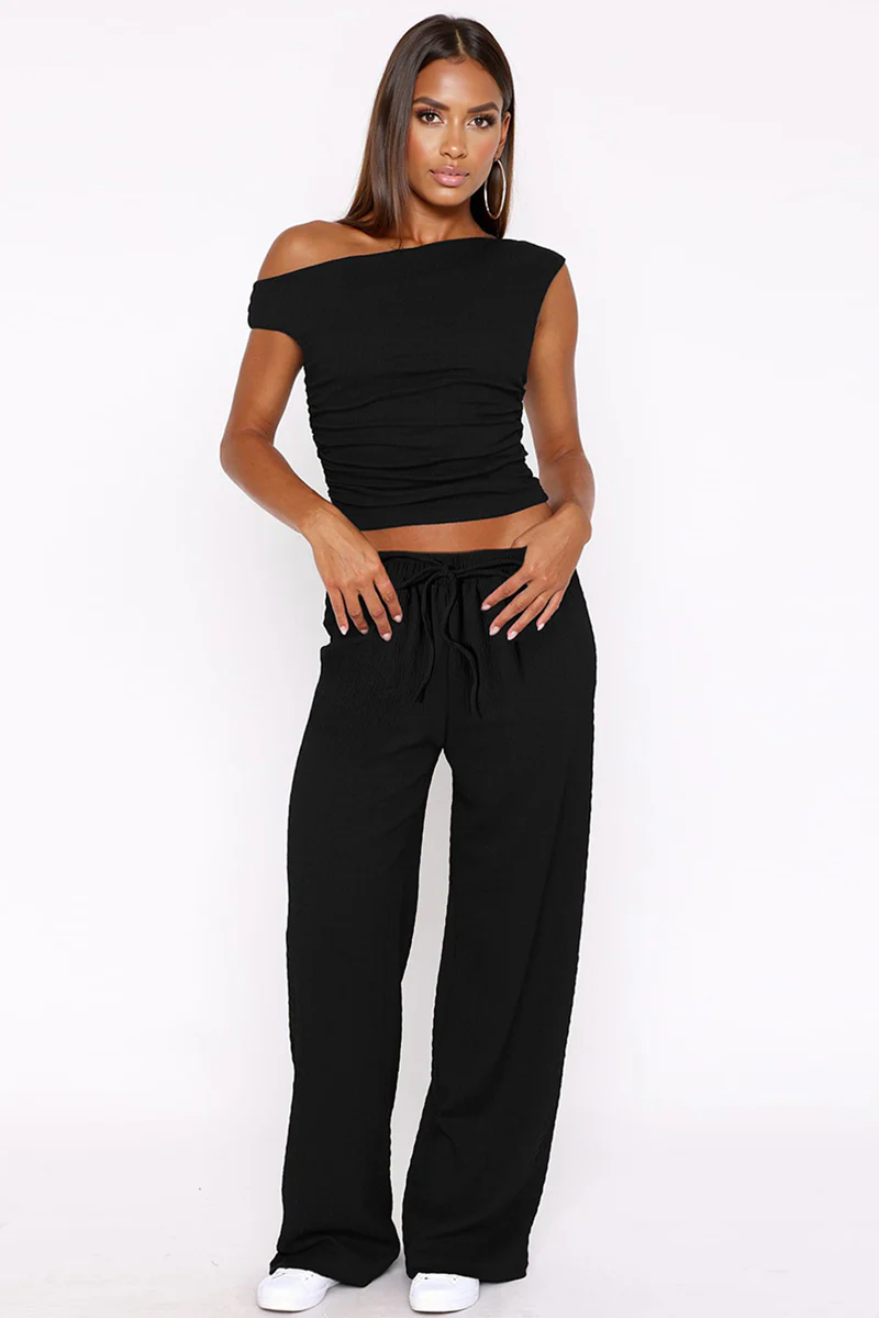 KATCH ME Solid Sloping Shoulder Shirred Slim Co-ord Set - Image 3