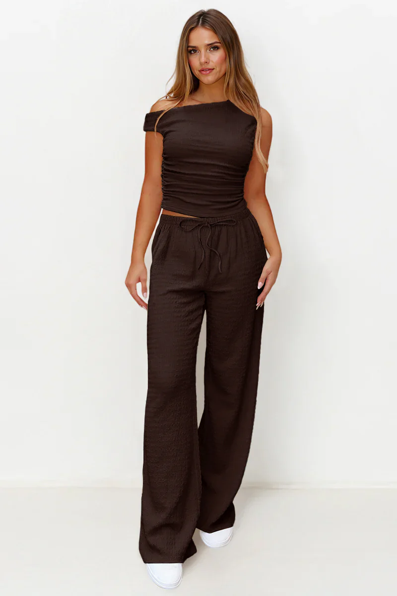 KATCH ME Solid Sloping Shoulder Shirred Slim Co-ord Set - Image 5