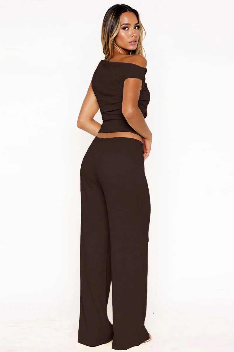 KATCH ME Solid Sloping Shoulder Shirred Slim Co-ord Set - Image 6