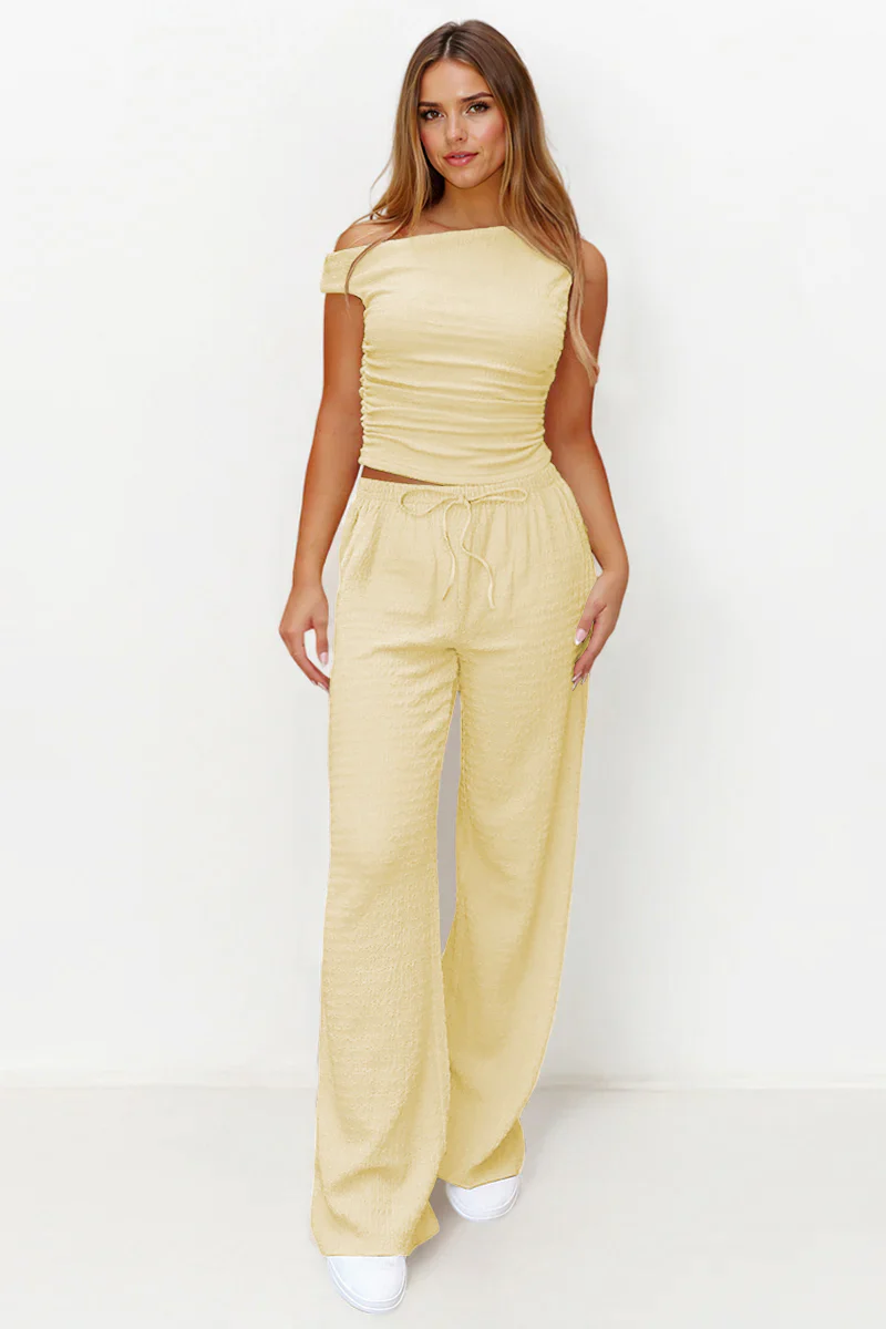 KATCH ME Solid Sloping Shoulder Shirred Slim Co-ord Set - Image 7