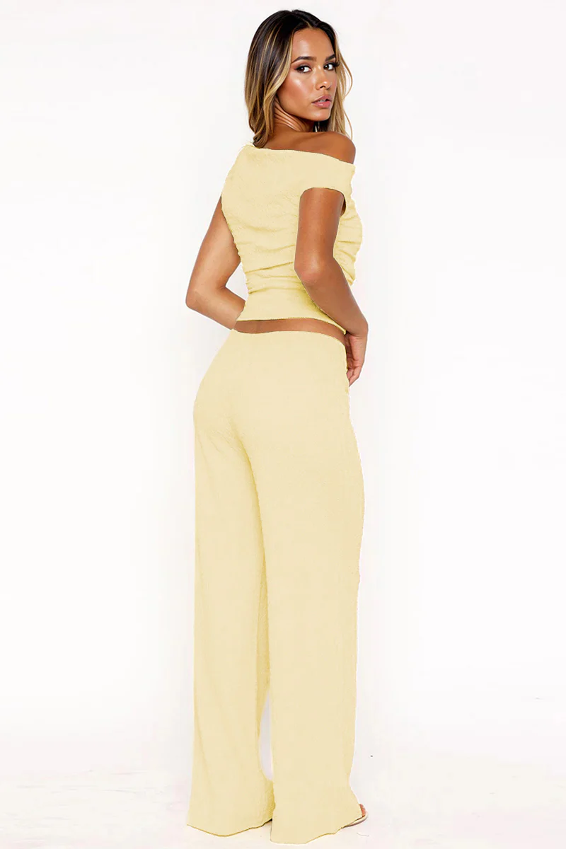 KATCH ME Solid Sloping Shoulder Shirred Slim Co-ord Set - Image 8