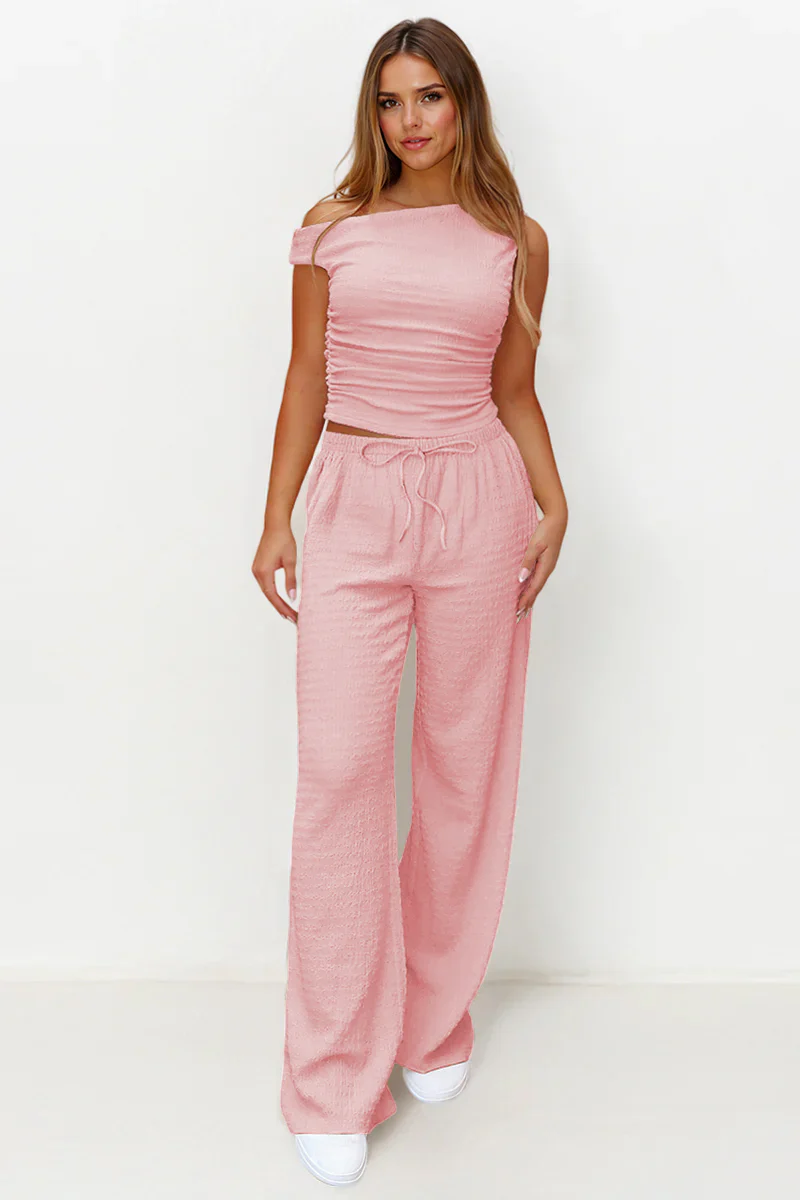 KATCH ME Solid Sloping Shoulder Shirred Slim Co-ord Set - Image 9
