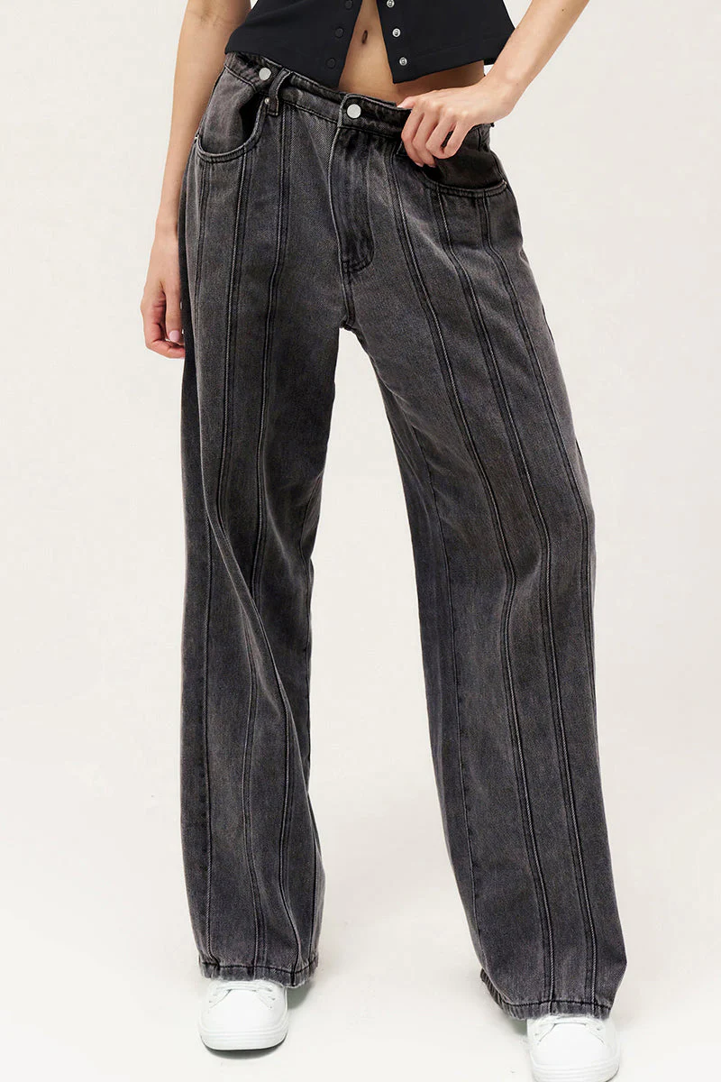 KATCH ME Mid-Rise Adjustable Button Wide Leg Jeans