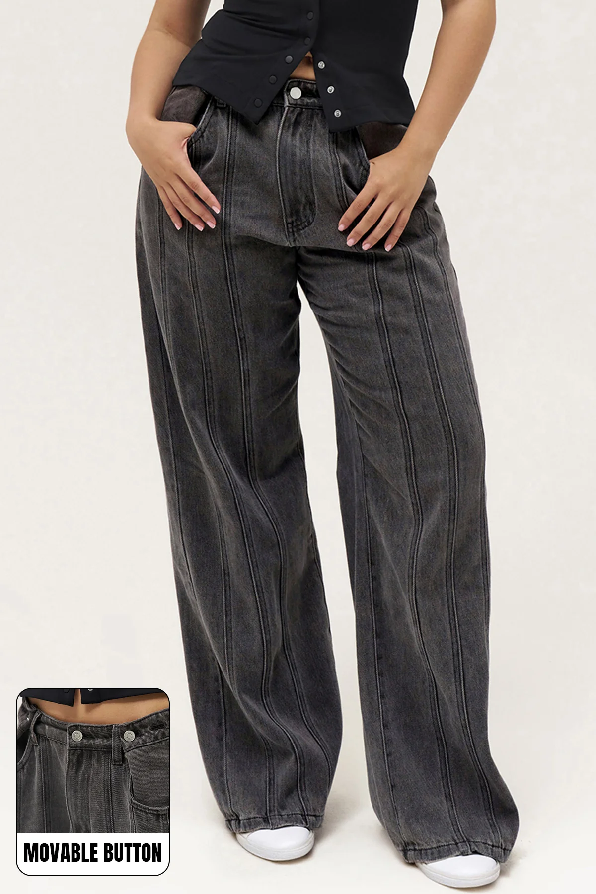 KATCH ME Mid-Rise Adjustable Button Wide Leg Jeans - Image 2