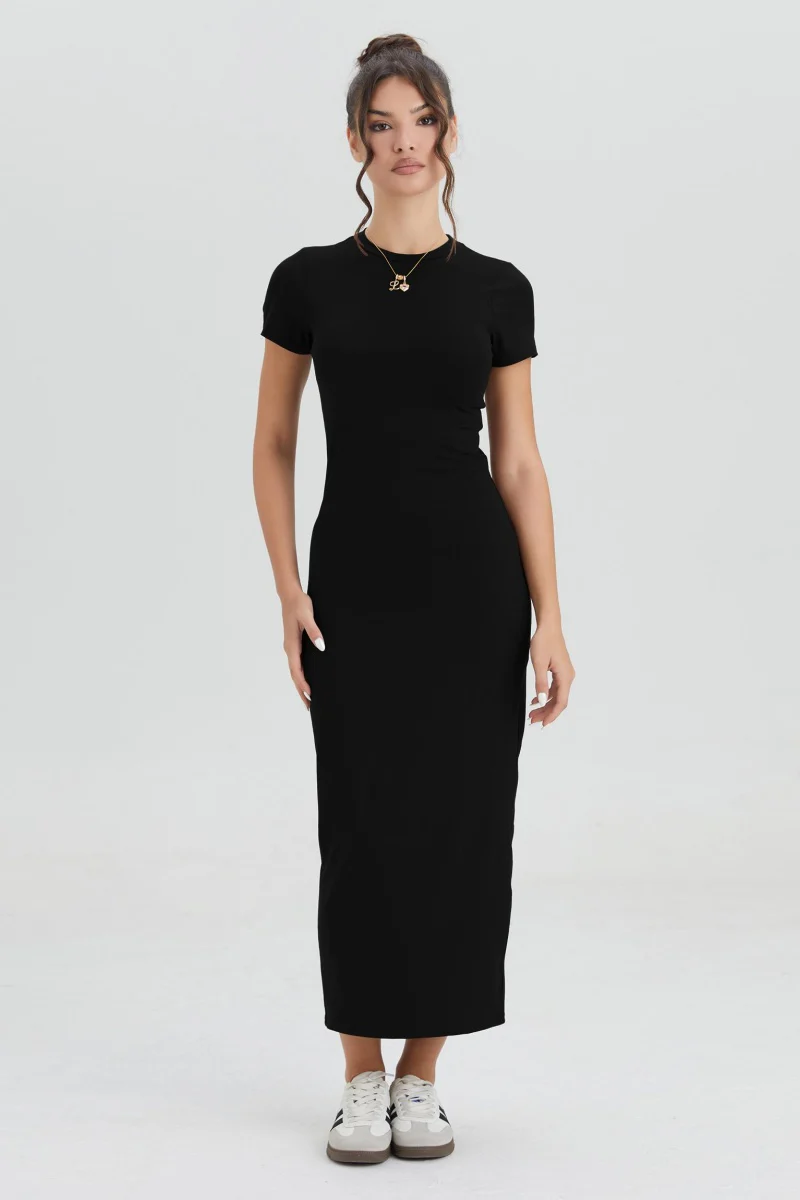 KATCH ME Plain Round Neck Short Sleeve Bodycon Maxi Dress - Image 11