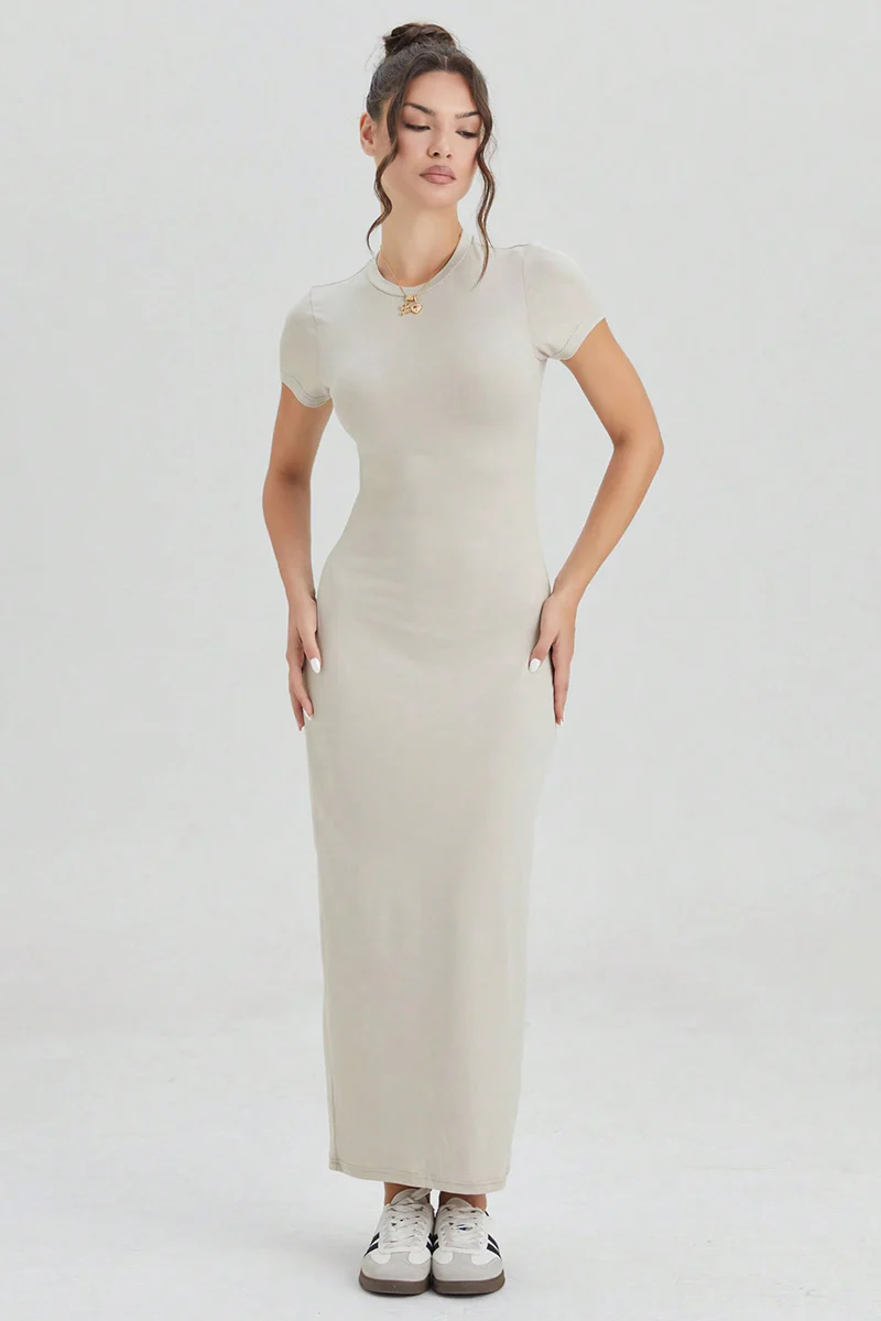 KATCH ME Plain Round Neck Short Sleeve Bodycon Maxi Dress - Image 3