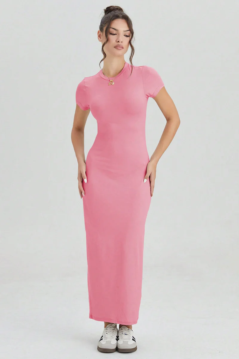 KATCH ME Plain Round Neck Short Sleeve Bodycon Maxi Dress - Image 4