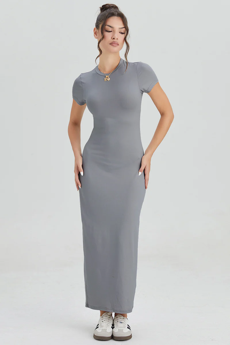 KATCH ME Plain Round Neck Short Sleeve Bodycon Maxi Dress - Image 5