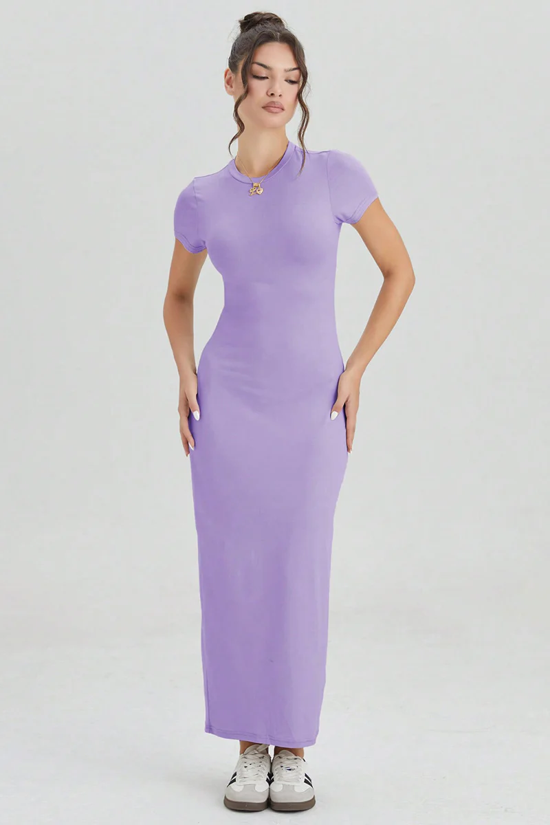 KATCH ME Plain Round Neck Short Sleeve Bodycon Maxi Dress - Image 8