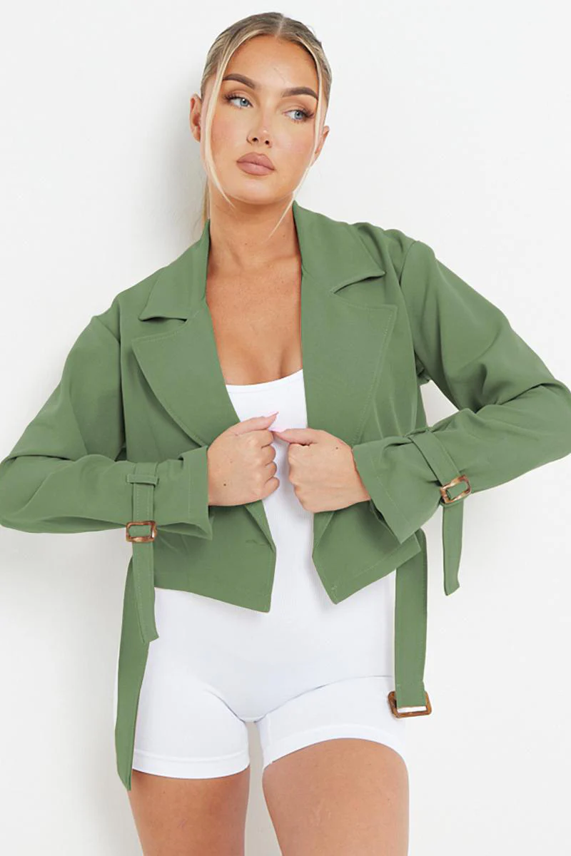 KATCH ME Notch Lapel Belt Decor Cropped Jacket - Image 2