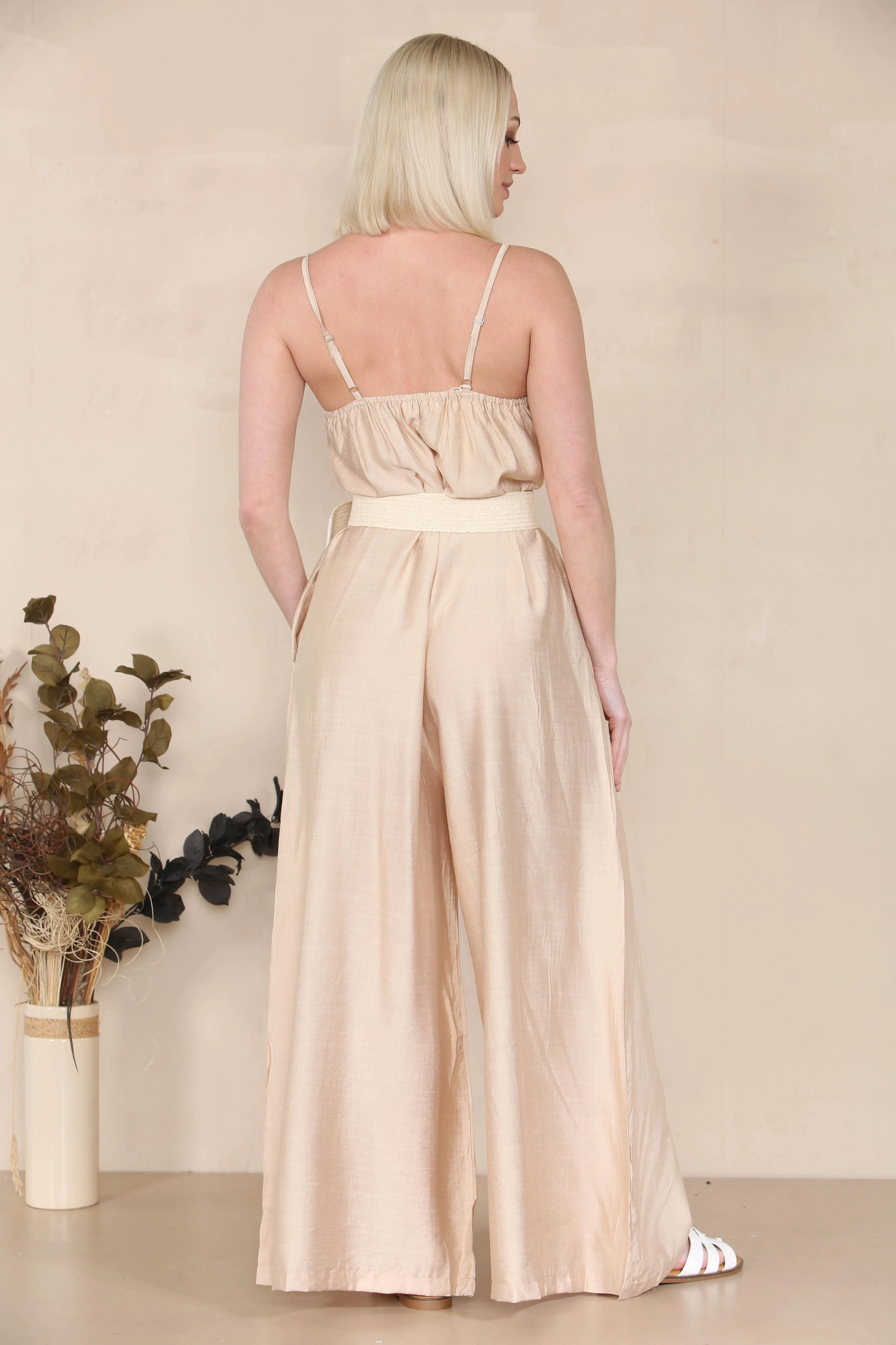 KATCH ME Solid Spaghetti Strap Ruched Wide Leg Jumpsuit - Image 3