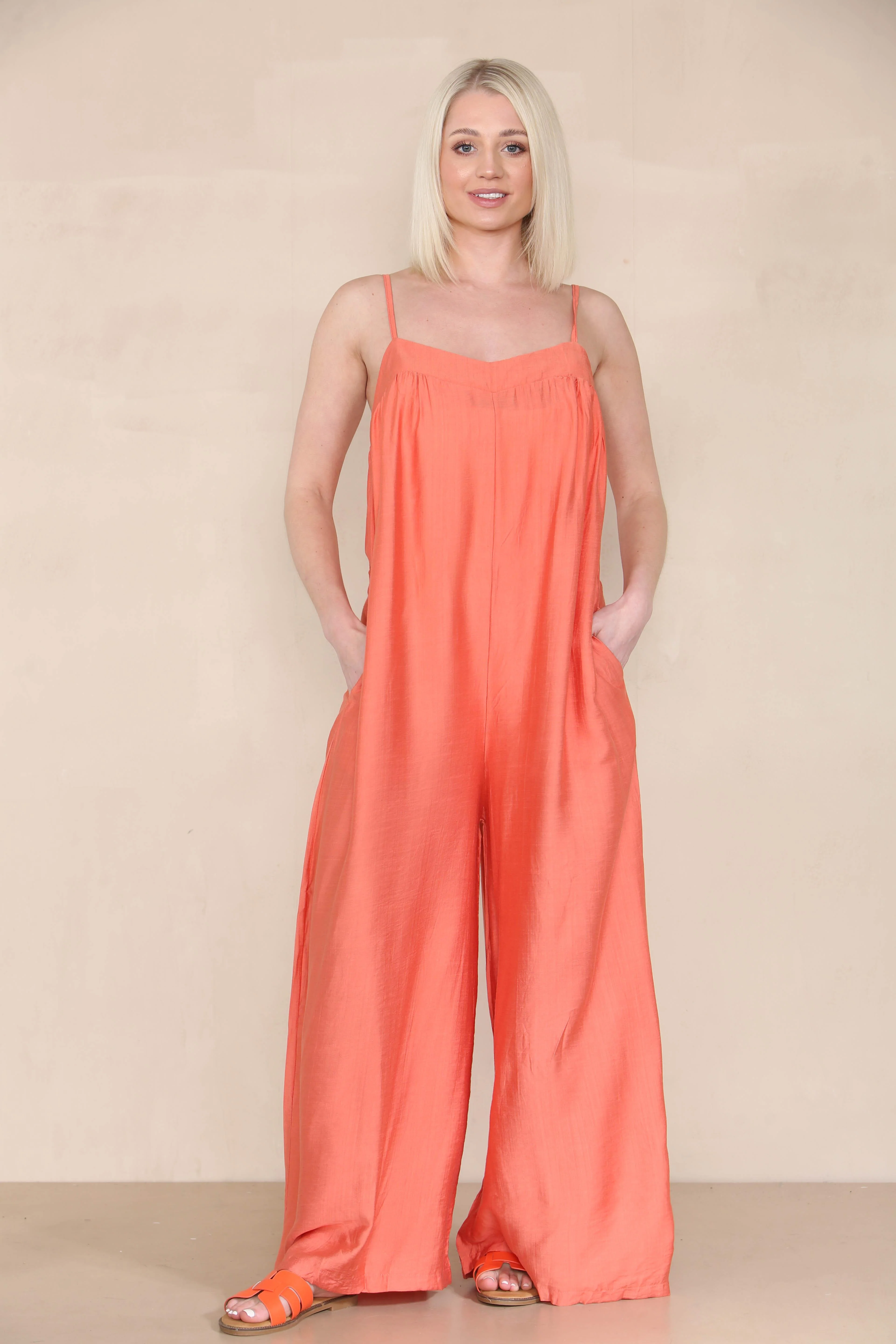 KATCH ME Solid Spaghetti Strap Ruched Wide Leg Jumpsuit - Image 4