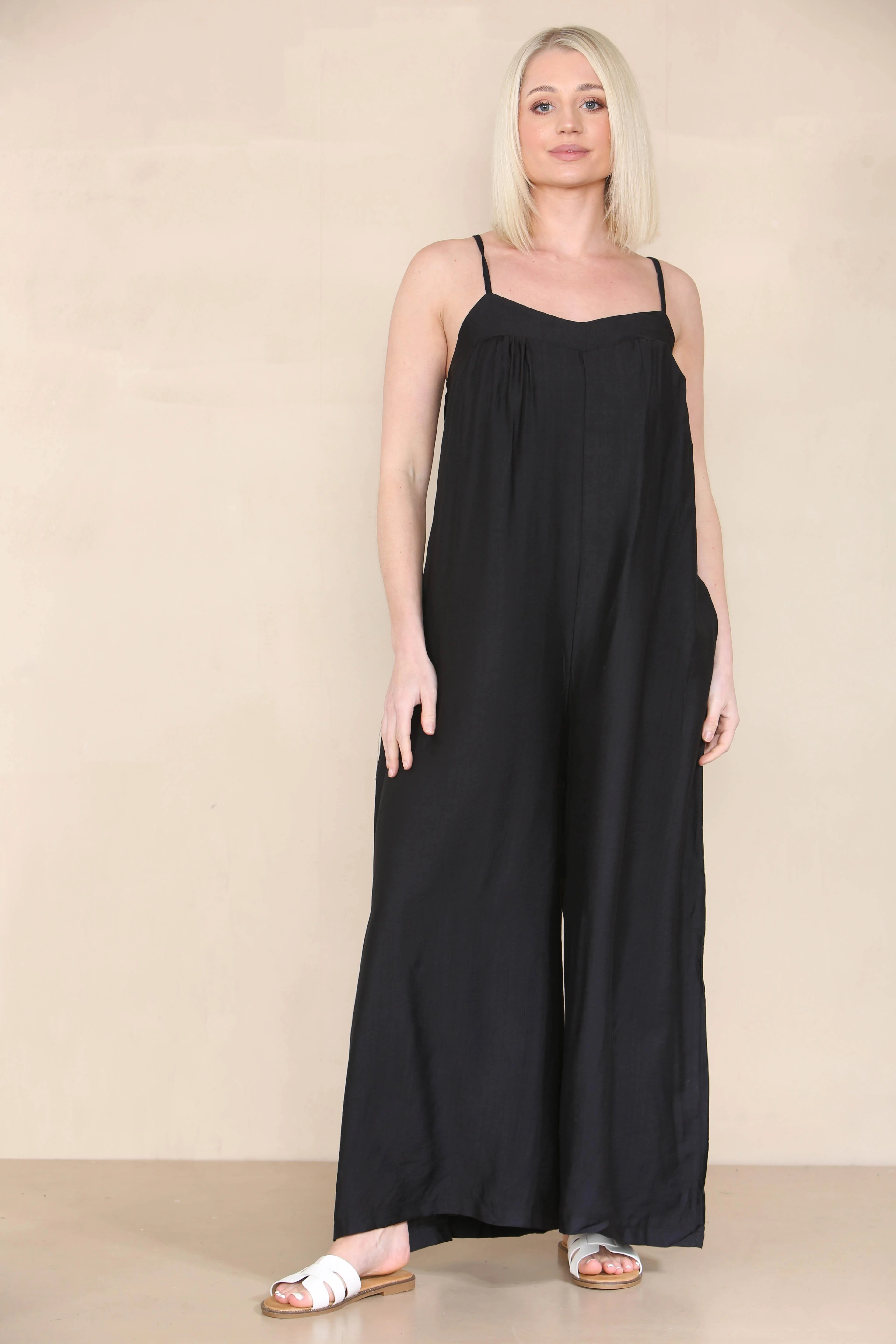 KATCH ME Solid Spaghetti Strap Ruched Wide Leg Jumpsuit - Image 5