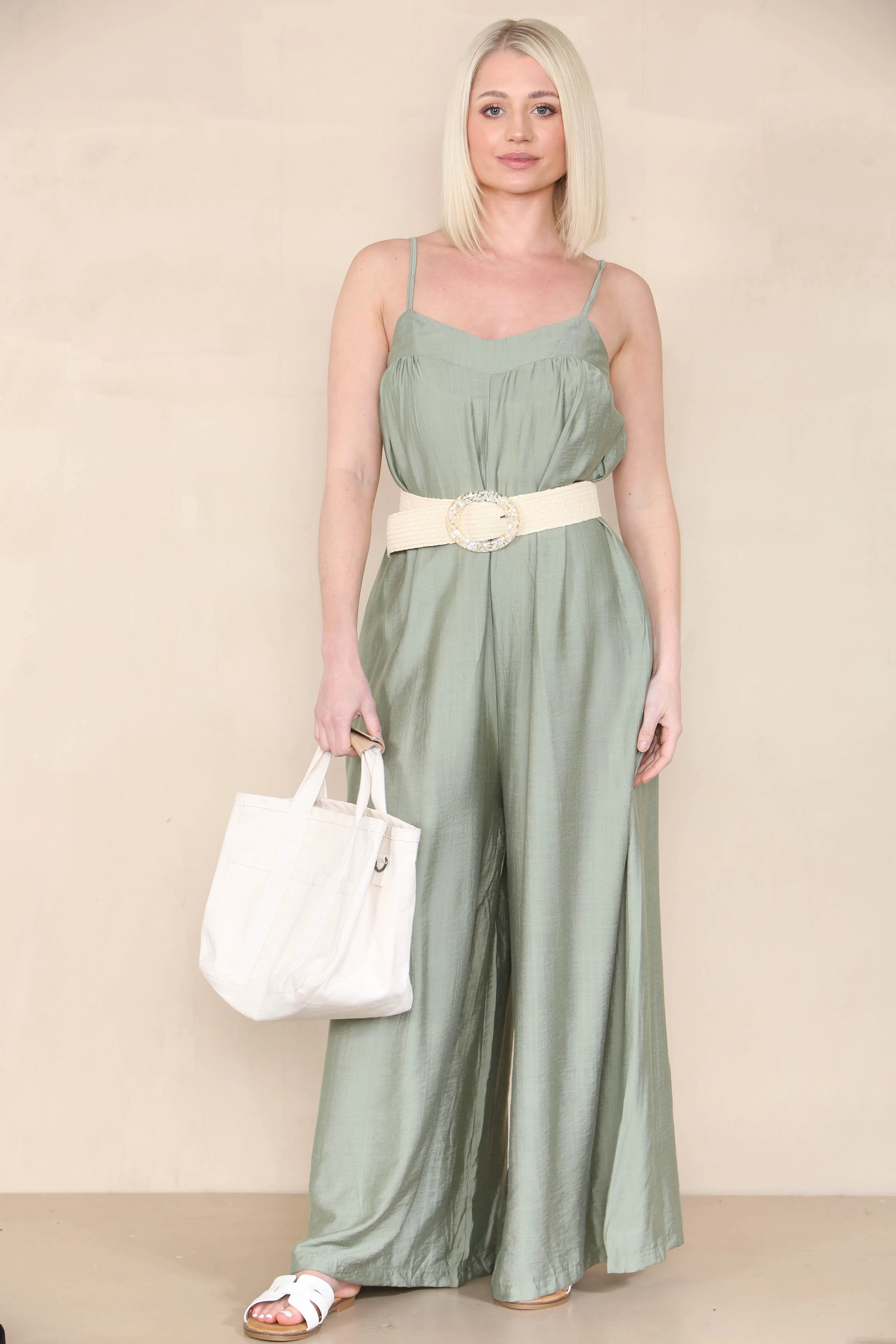 KATCH ME Solid Spaghetti Strap Ruched Wide Leg Jumpsuit - Image 6