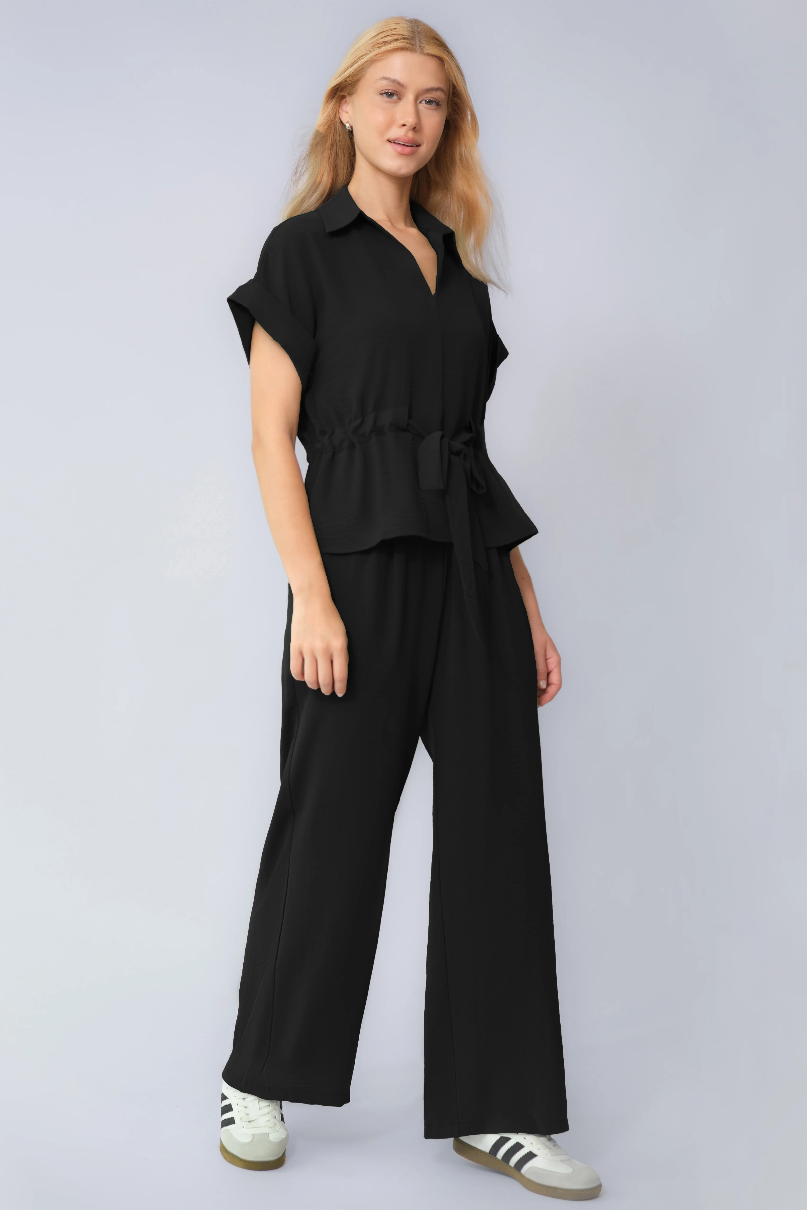 KATCH ME Collared Rolled-Up Short Sleeve Top & Wide Leg Trousers Co-ord Set - Image 11