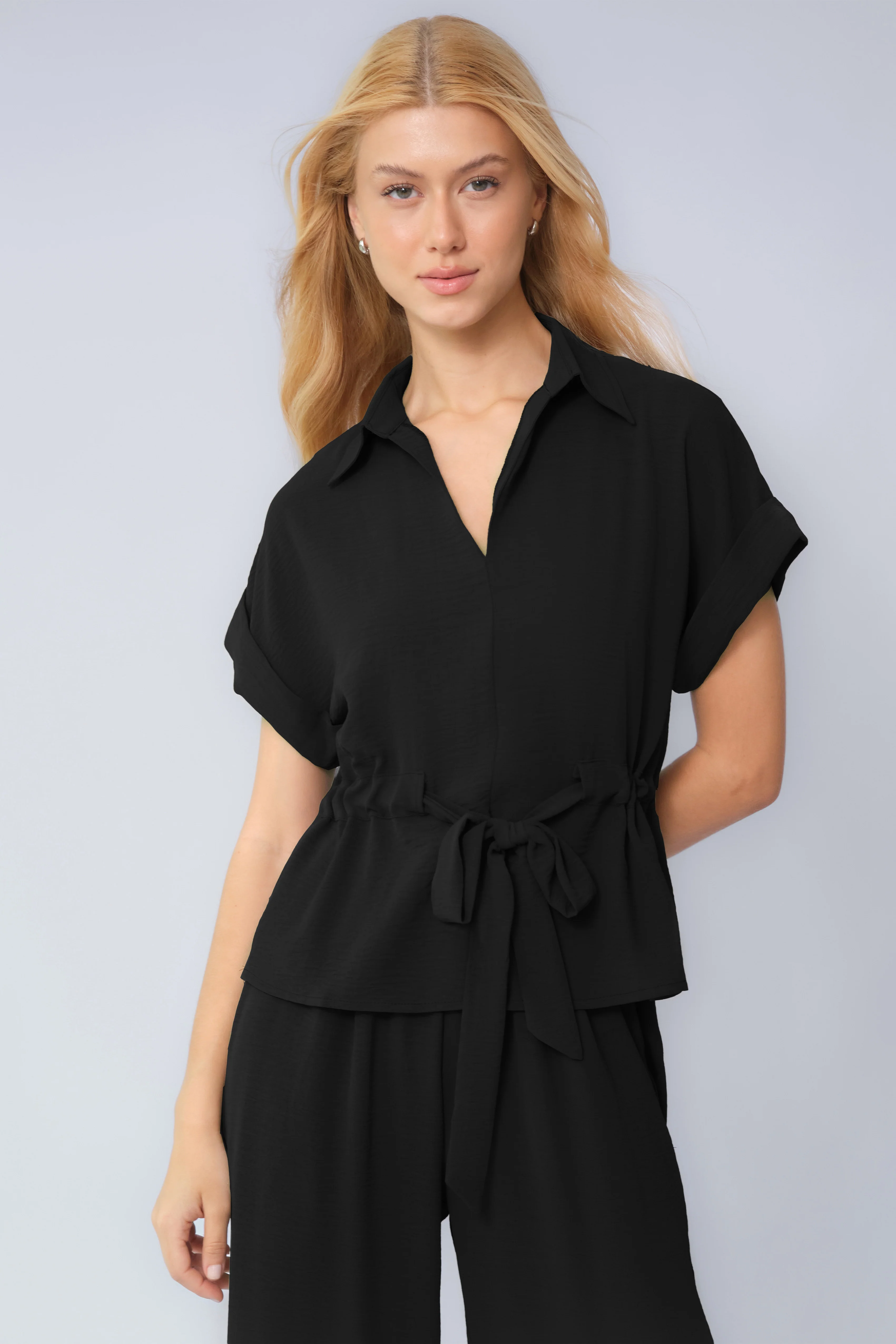 KATCH ME Collared Rolled-Up Short Sleeve Top & Wide Leg Trousers Co-ord Set - Image 13
