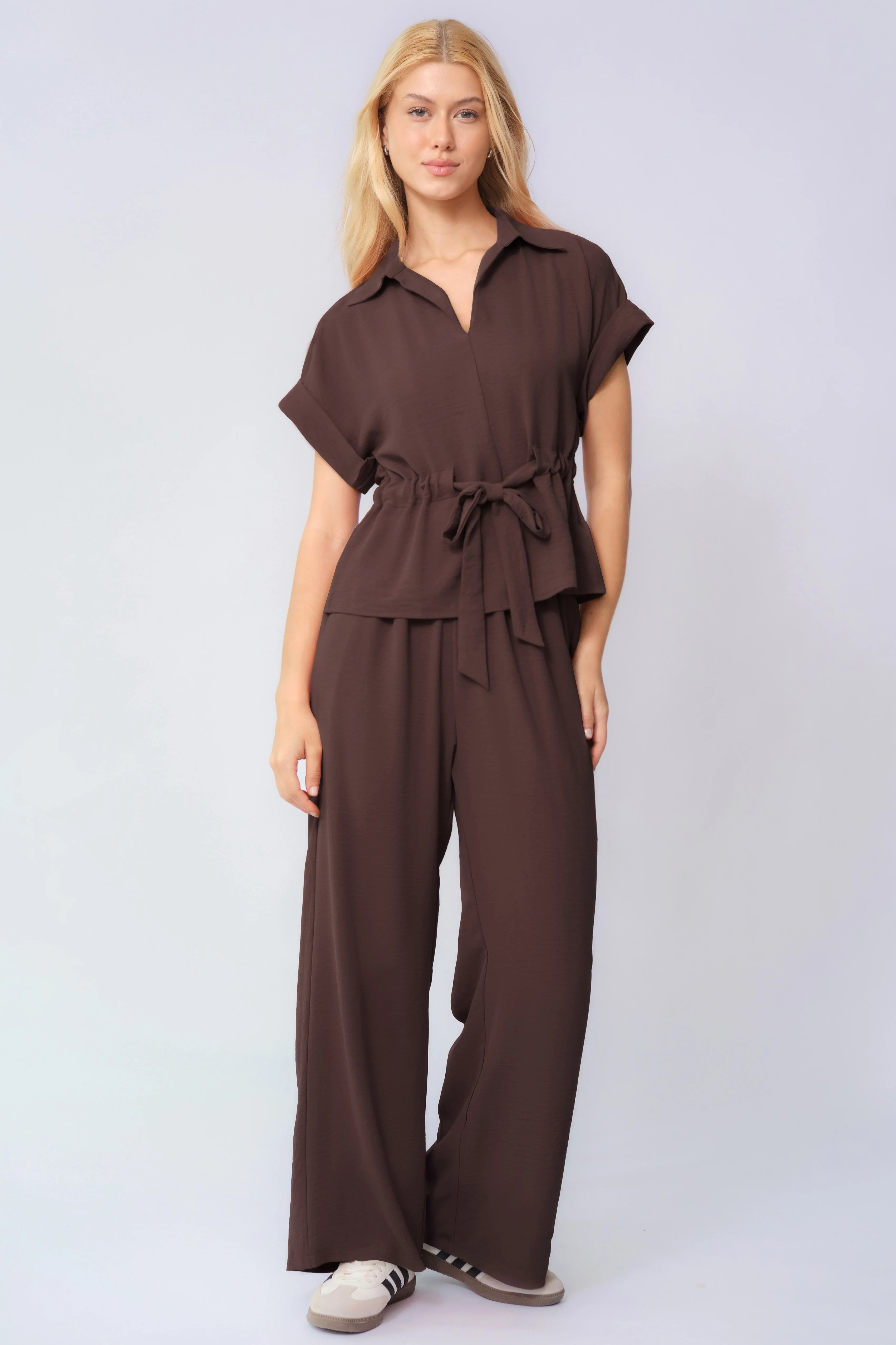 KATCH ME Collared Rolled-Up Short Sleeve Top & Wide Leg Trousers Co-ord Set - Image 14