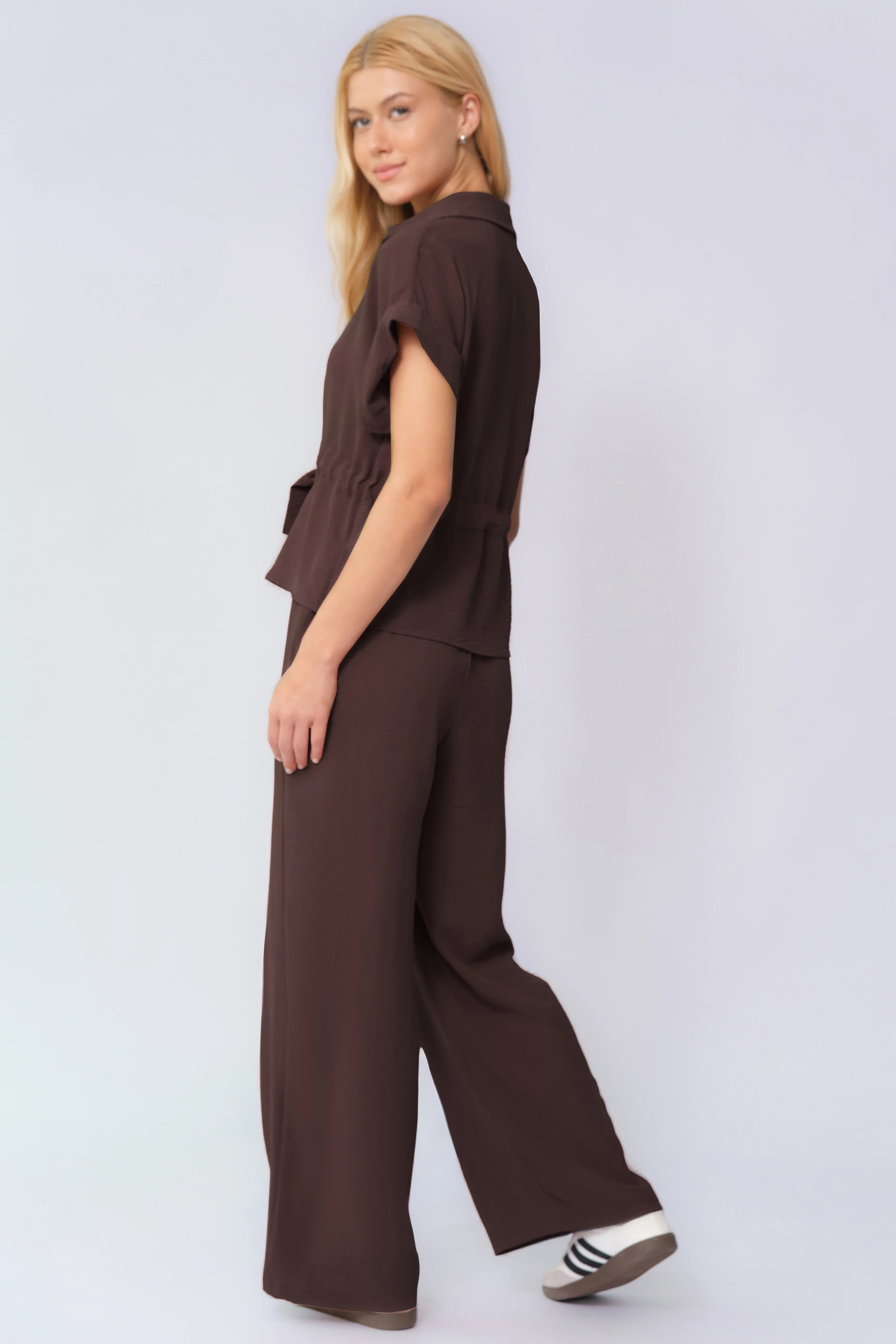 KATCH ME Collared Rolled-Up Short Sleeve Top & Wide Leg Trousers Co-ord Set - Image 15