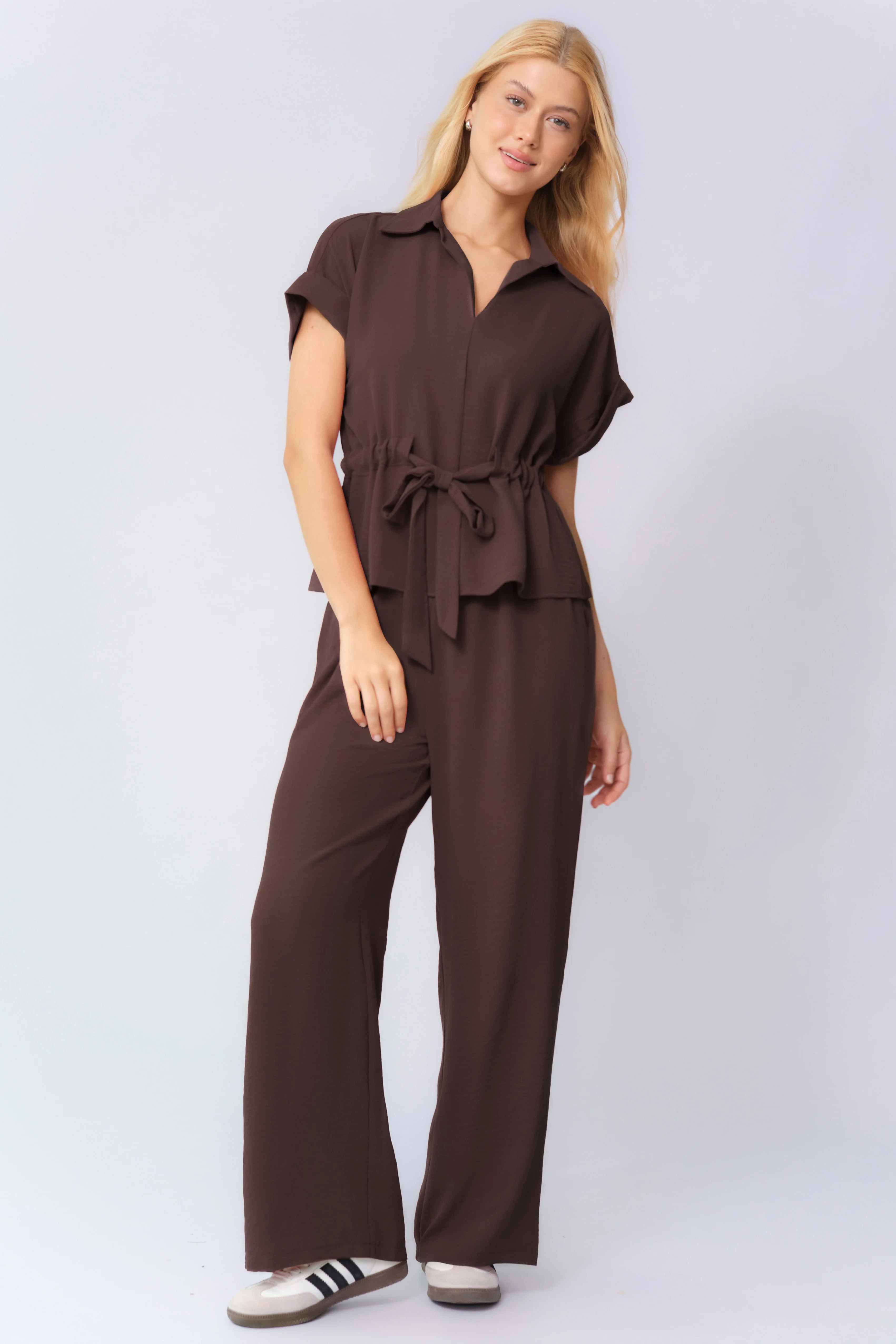 KATCH ME Collared Rolled-Up Short Sleeve Top & Wide Leg Trousers Co-ord Set - Image 16