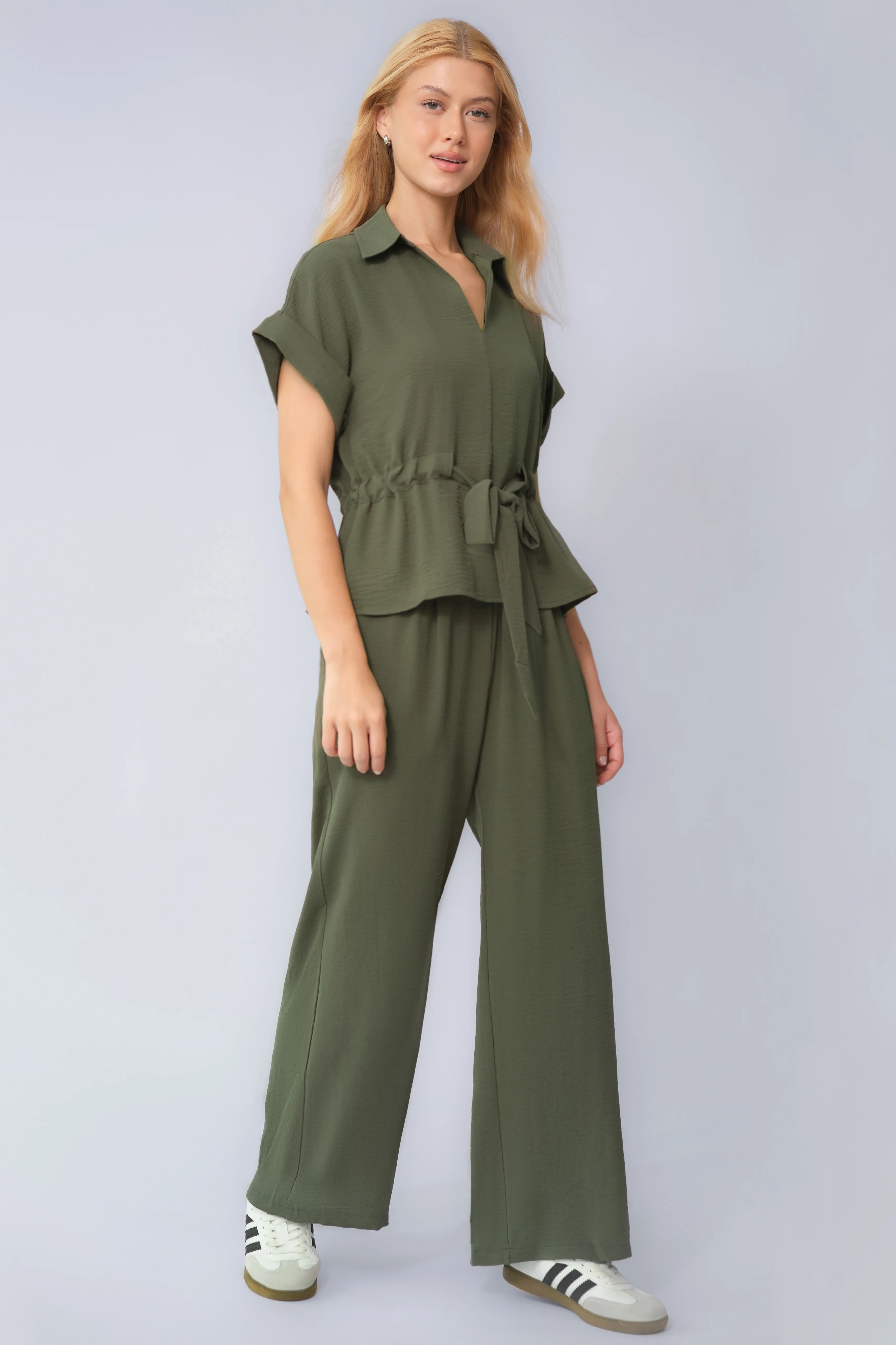 KATCH ME Collared Rolled-Up Short Sleeve Top & Wide Leg Trousers Co-ord Set - Image 17
