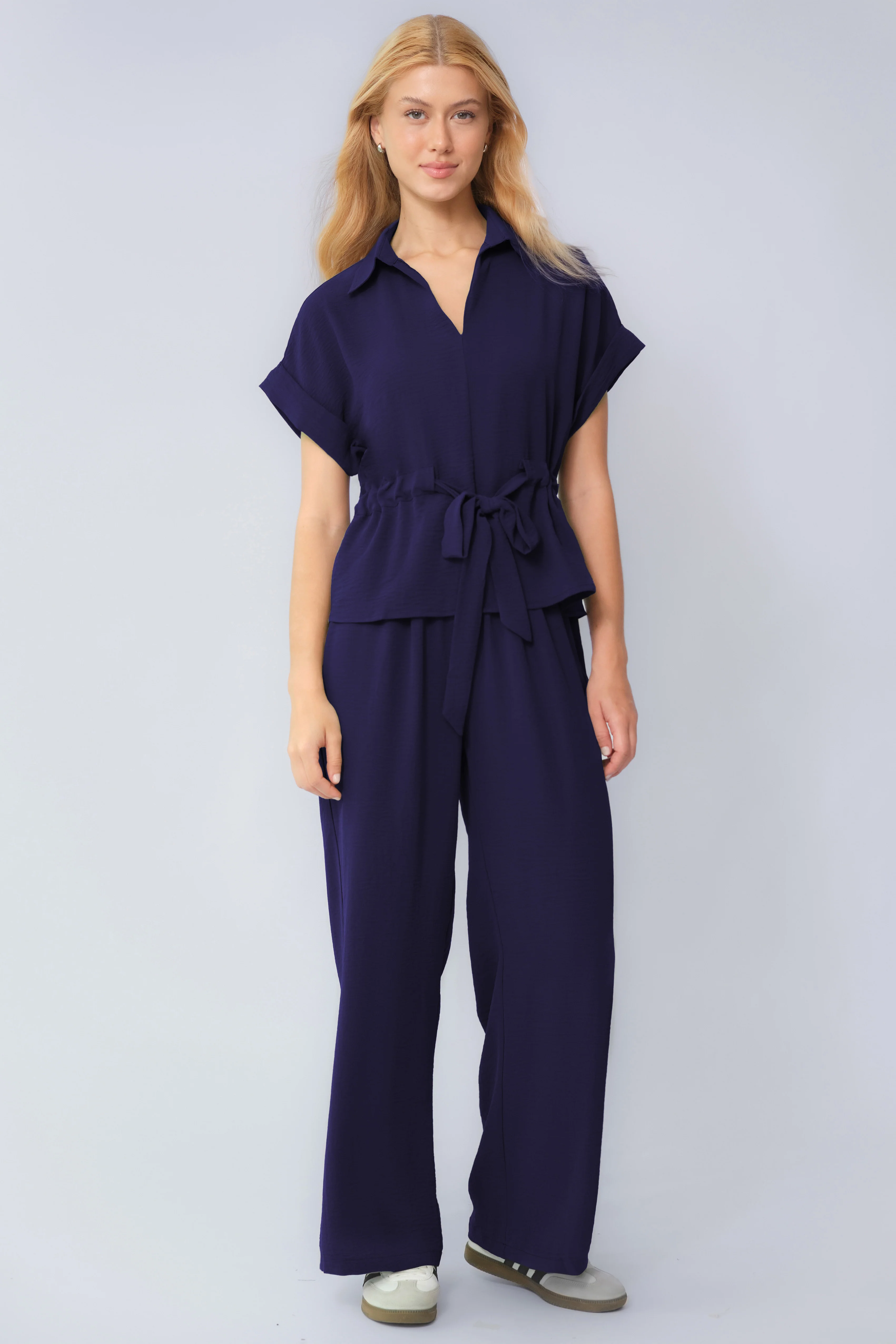KATCH ME Collared Rolled-Up Short Sleeve Top & Wide Leg Trousers Co-ord Set - Image 3