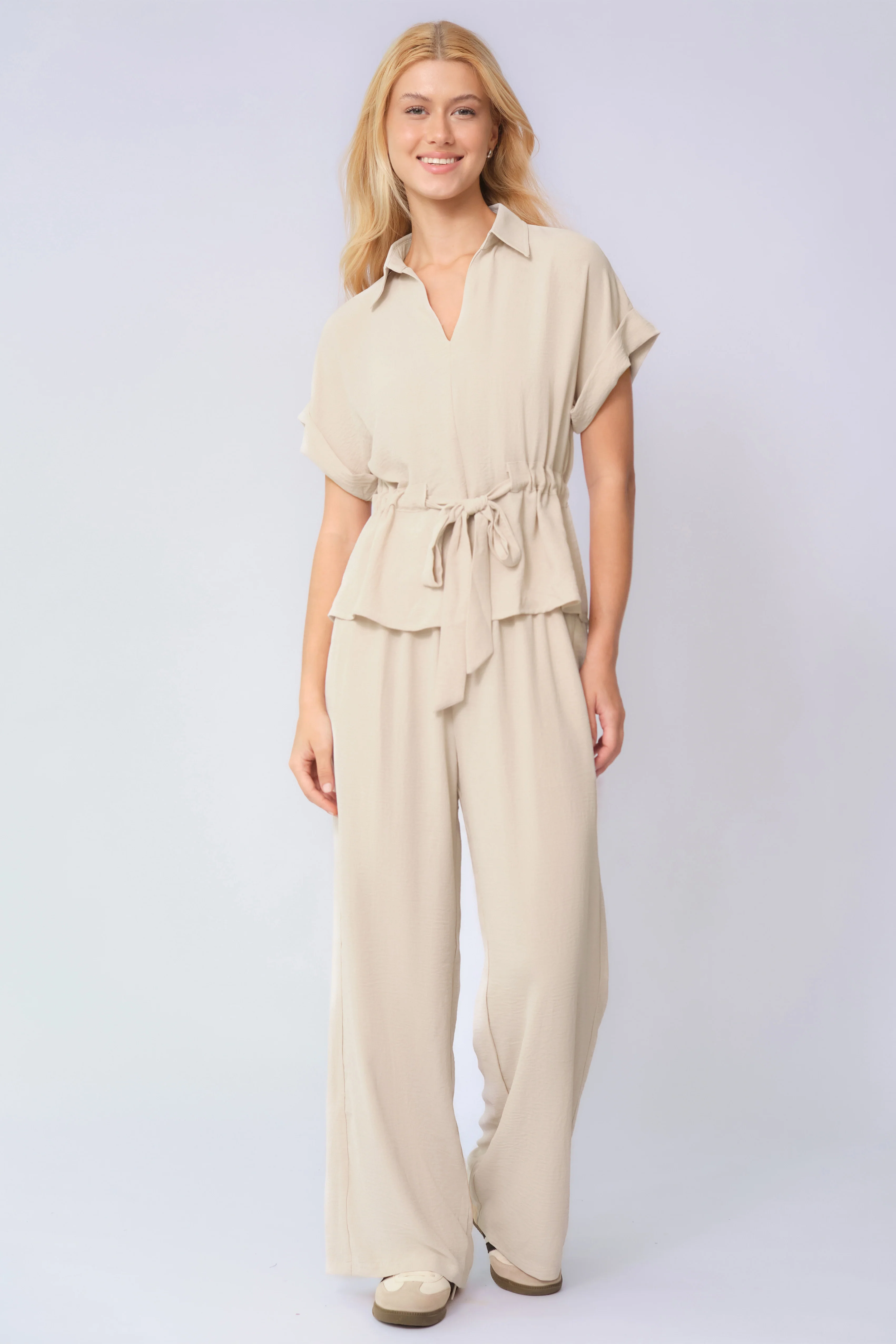 KATCH ME Collared Rolled-Up Short Sleeve Top & Wide Leg Trousers Co-ord Set - Image 5