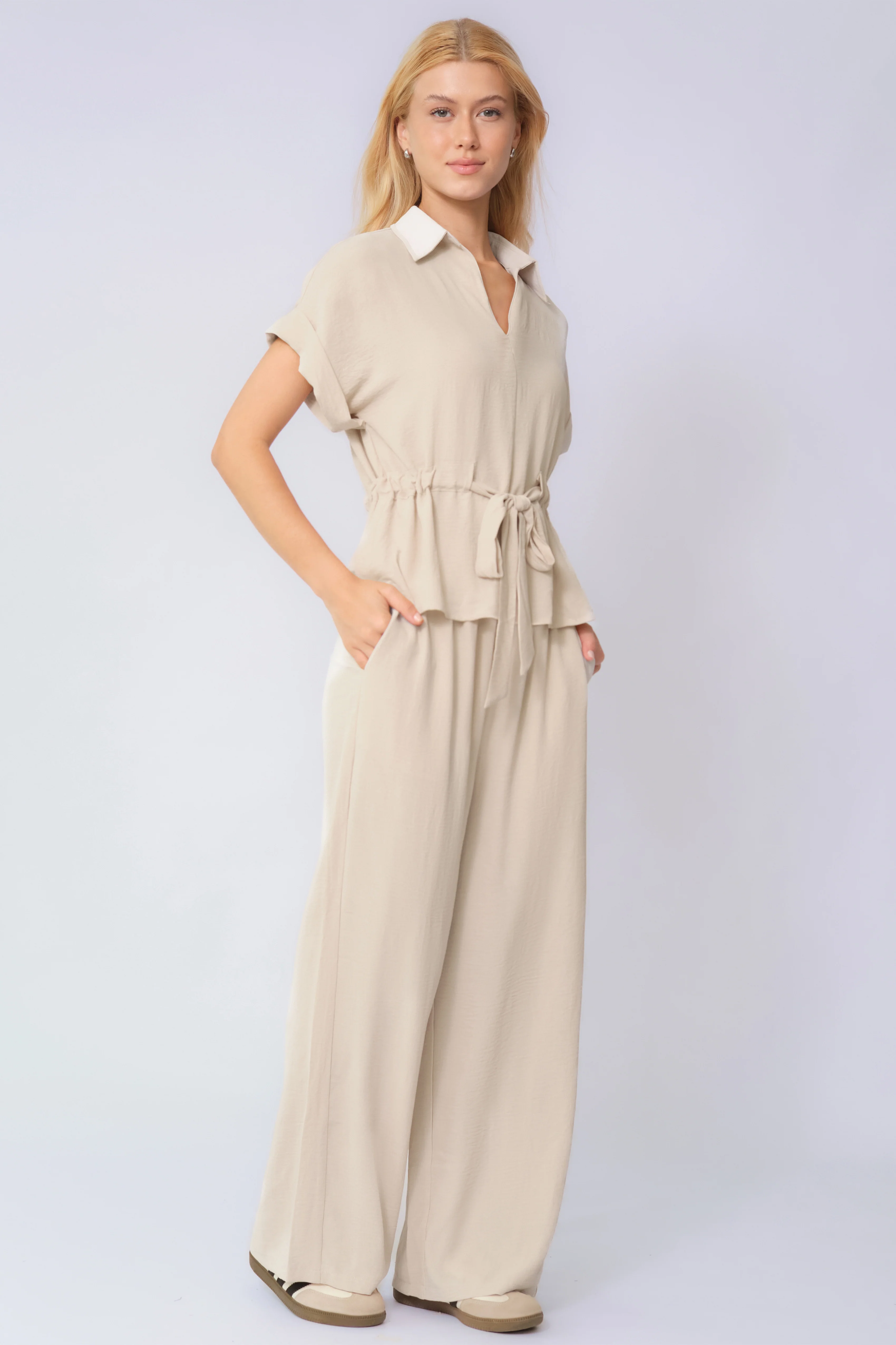 KATCH ME Collared Rolled-Up Short Sleeve Top & Wide Leg Trousers Co-ord Set - Image 6