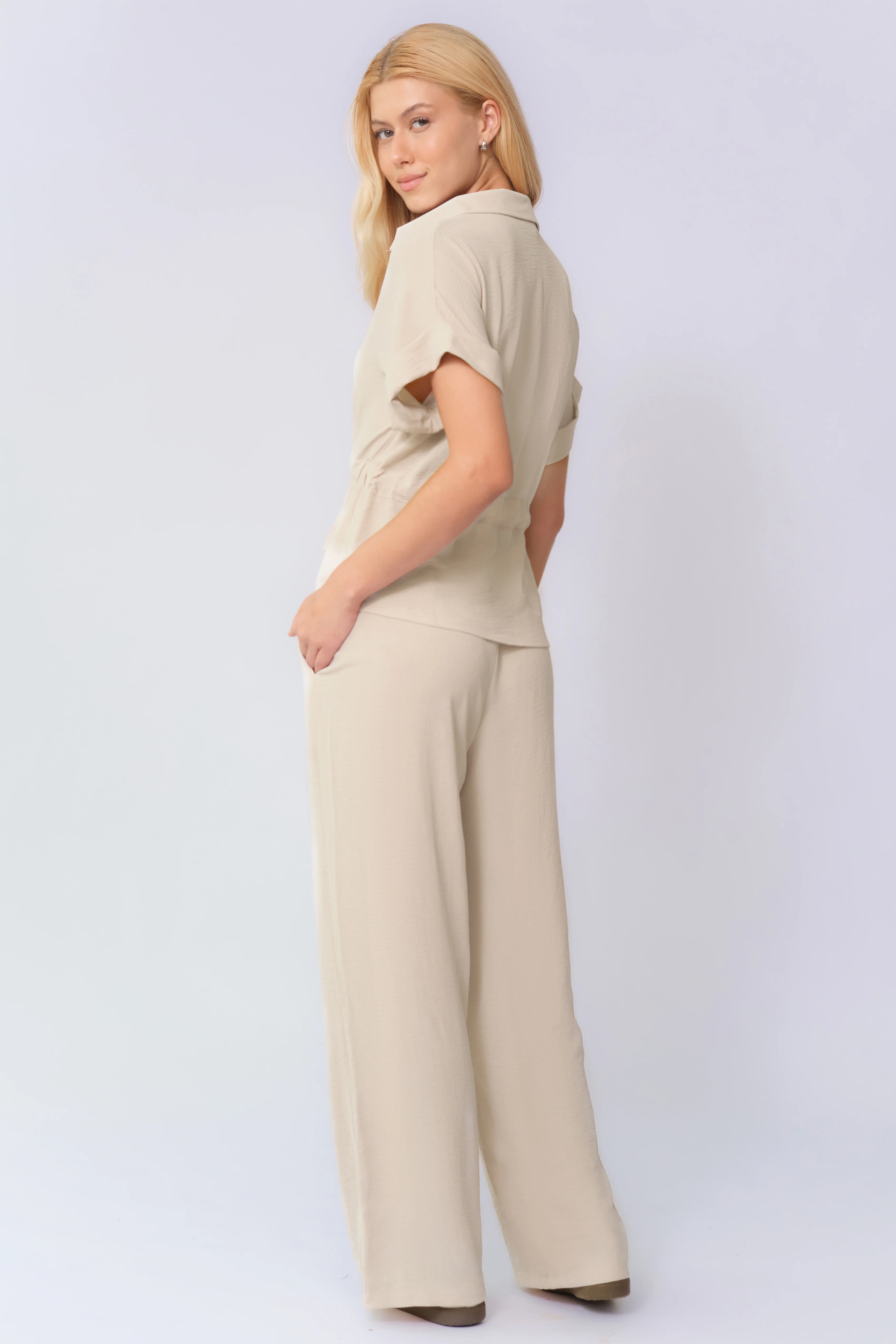KATCH ME Collared Rolled-Up Short Sleeve Top & Wide Leg Trousers Co-ord Set - Image 7