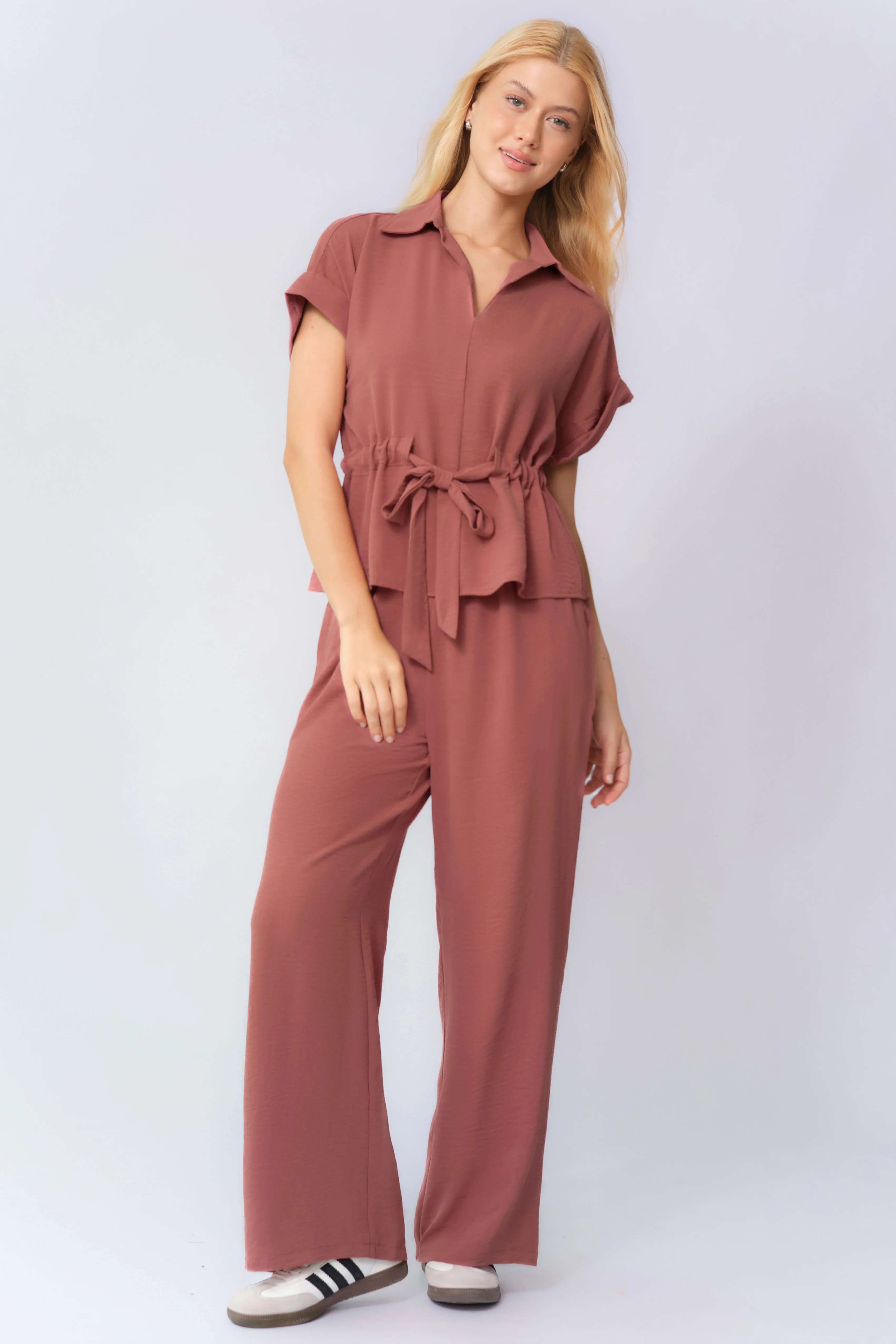 KATCH ME Collared Rolled-Up Short Sleeve Top & Wide Leg Trousers Co-ord Set - Image 8