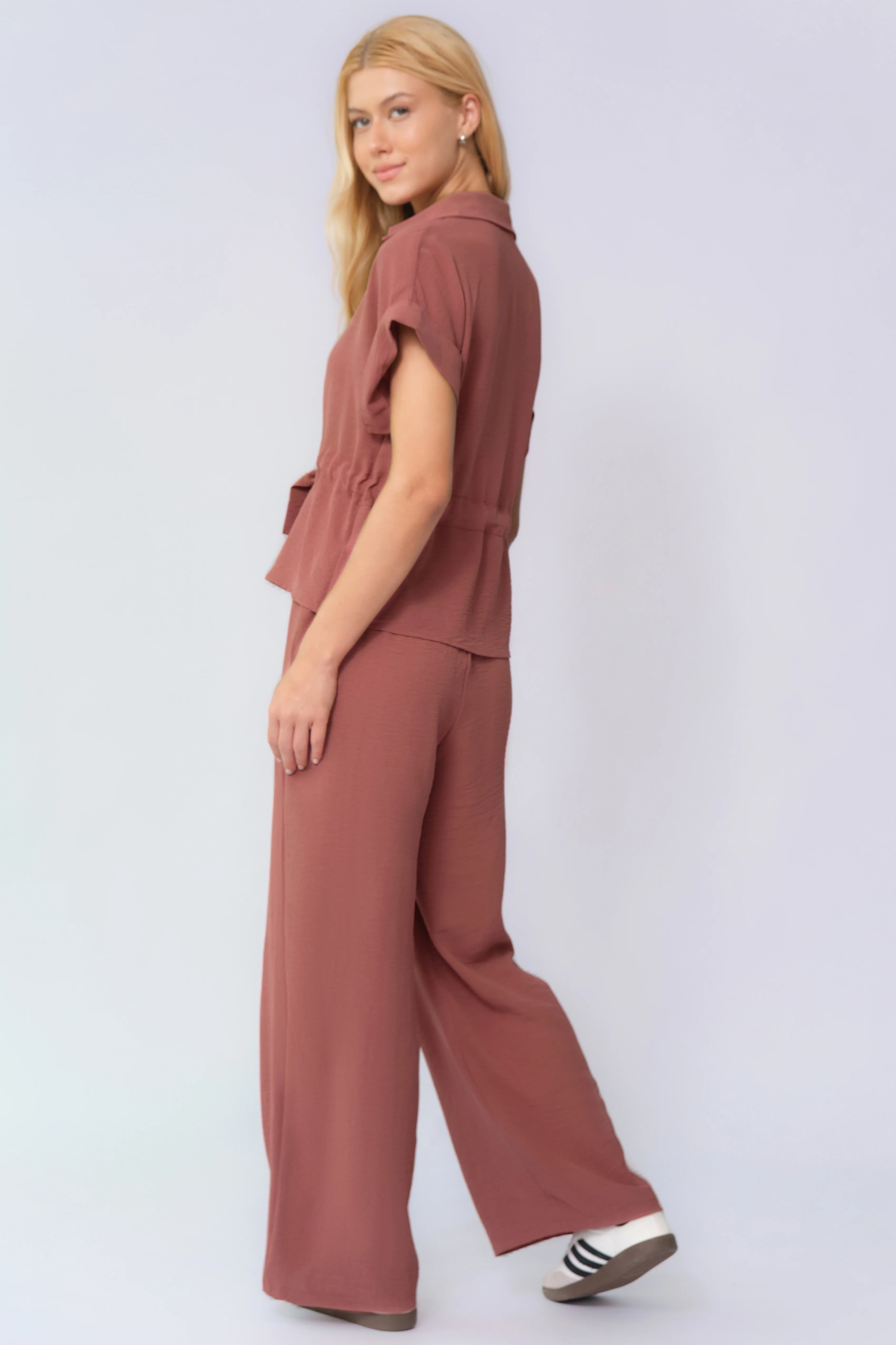 KATCH ME Collared Rolled-Up Short Sleeve Top & Wide Leg Trousers Co-ord Set - Image 9