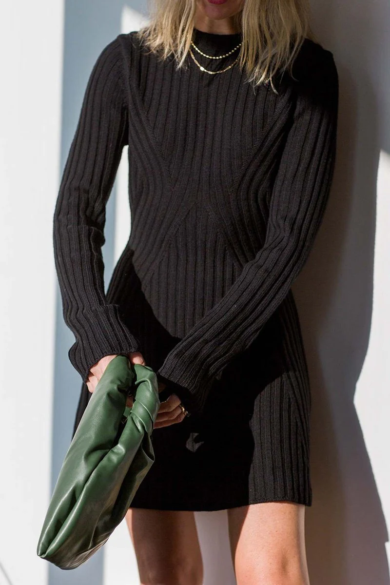 Versatile Knit Crew Neck Cuff Slit Rib Slim Sweater Dress - Image 5
