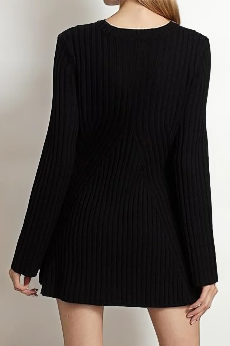 Versatile Knit Crew Neck Cuff Slit Rib Slim Sweater Dress - Image 6