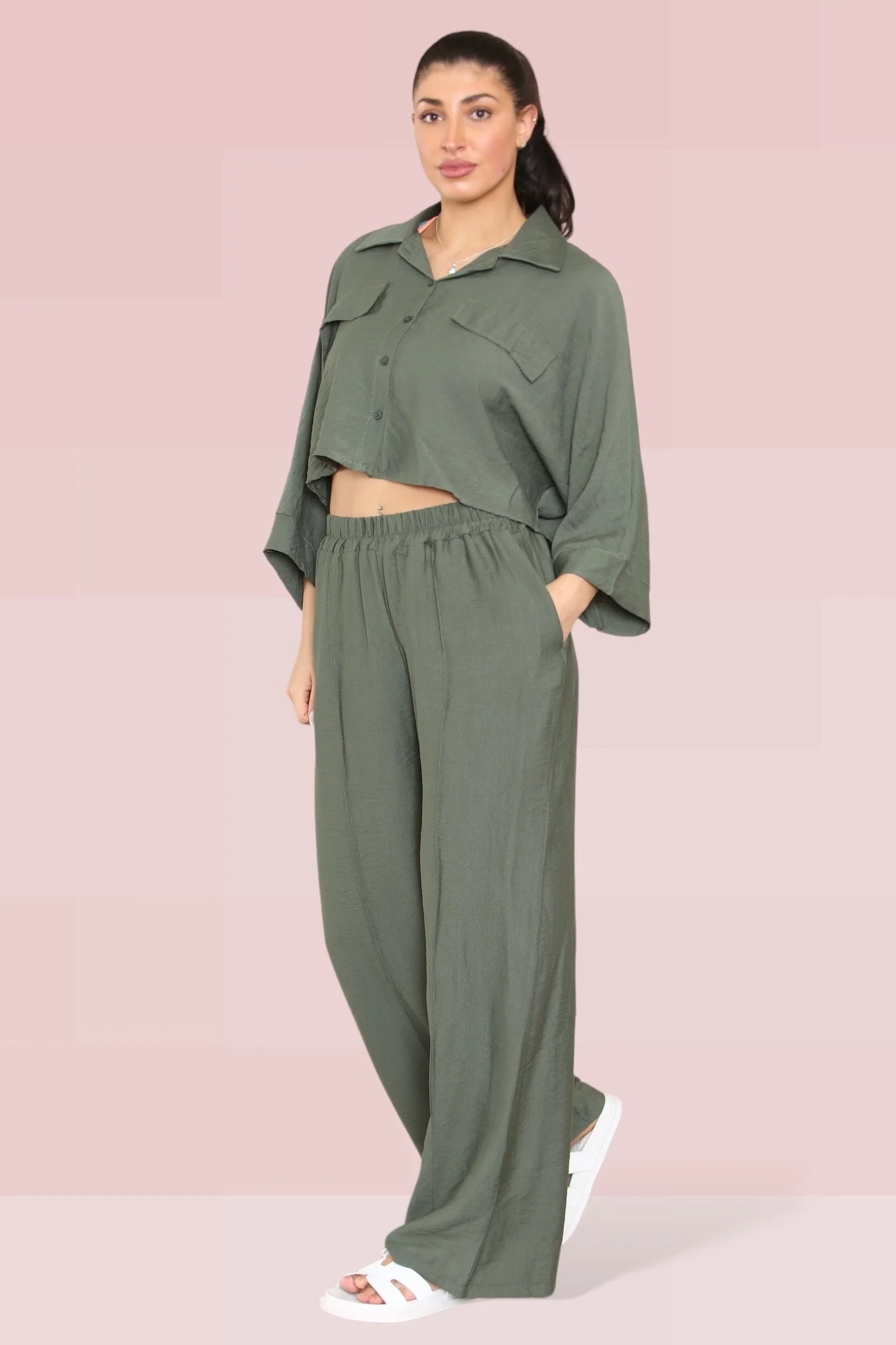 KATCH ME Long Sleeve Button Crop Shirt & Loose Trousers Co-ord Set - Image 14