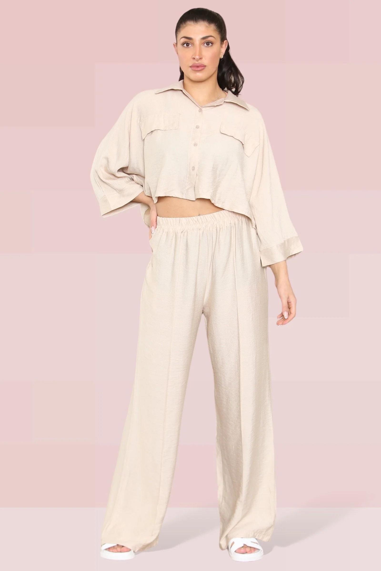 KATCH ME Long Sleeve Button Crop Shirt & Loose Trousers Co-ord Set - Image 16