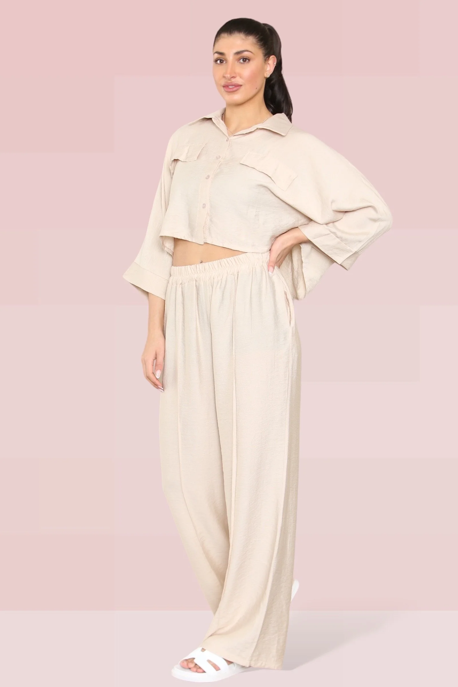 KATCH ME Long Sleeve Button Crop Shirt & Loose Trousers Co-ord Set - Image 17