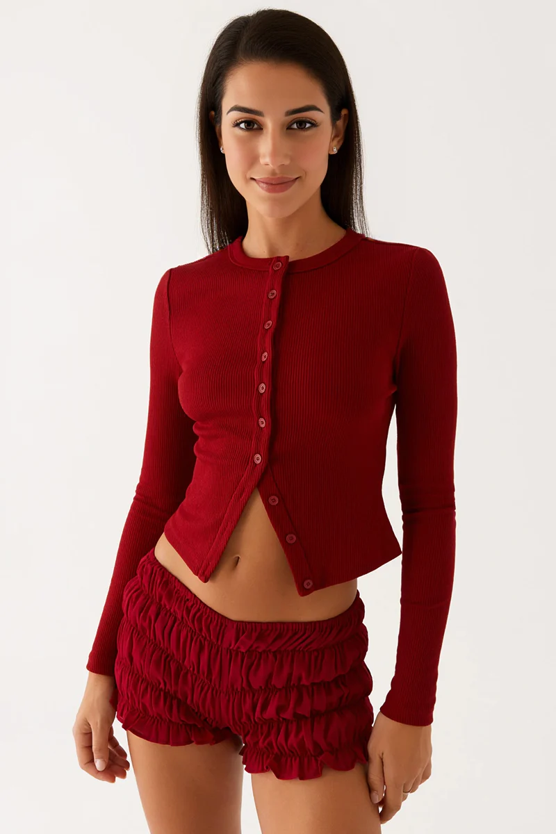 KATCH ME Solid Knit Button-Up Slim Top - Image 4