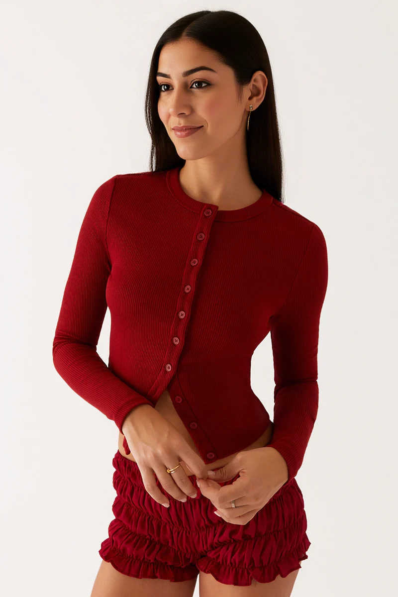 KATCH ME Solid Knit Button-Up Slim Top - Image 5